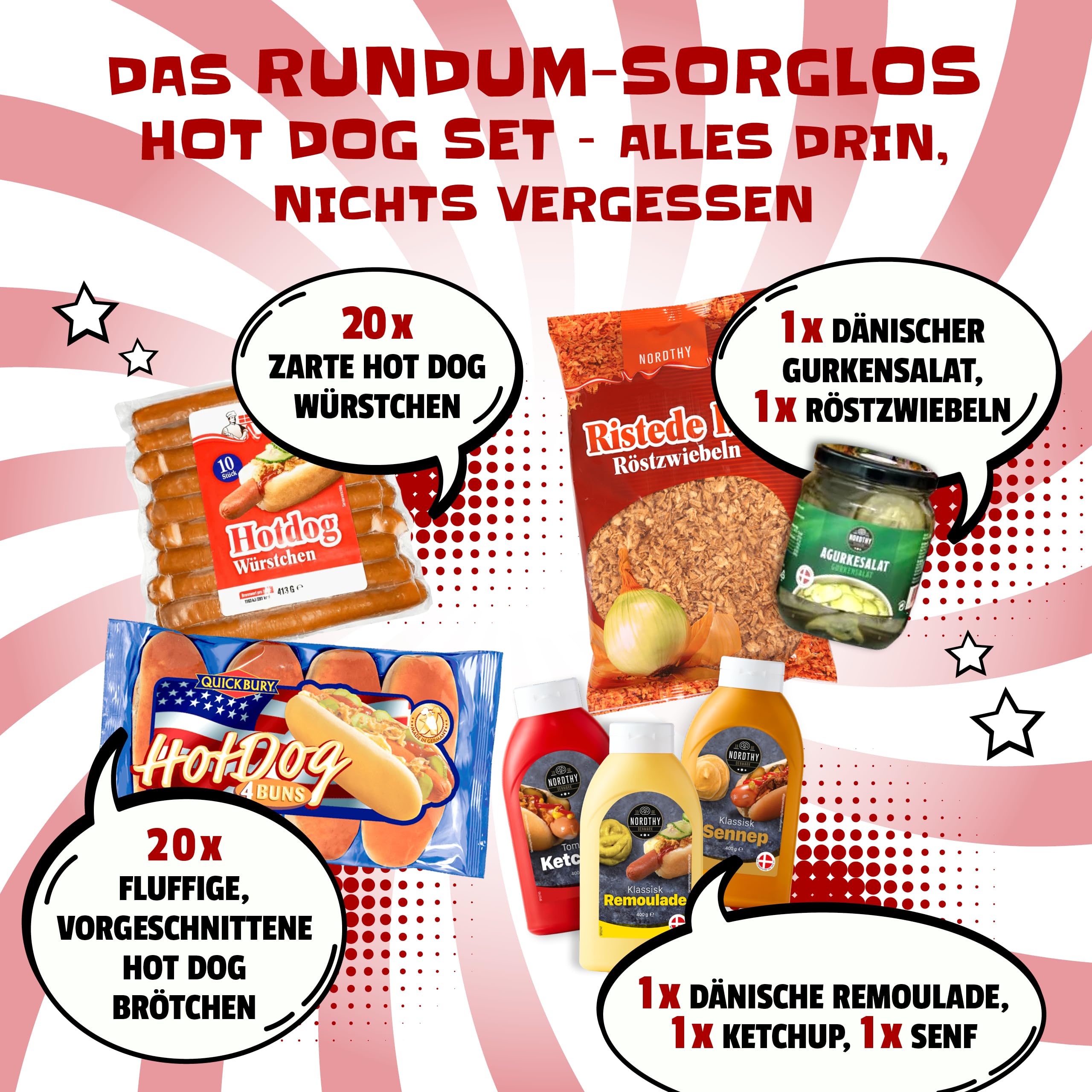 Nordthy Original Dänisches Hot Dog Set für 20x Hotdogs – Komplett Party Paket mit leckeren Würstchen/Brötchen/Hot Dog Saucen/Remoulade/Gurken – Premium Hot Dog Paket im NeedforSweet Karton