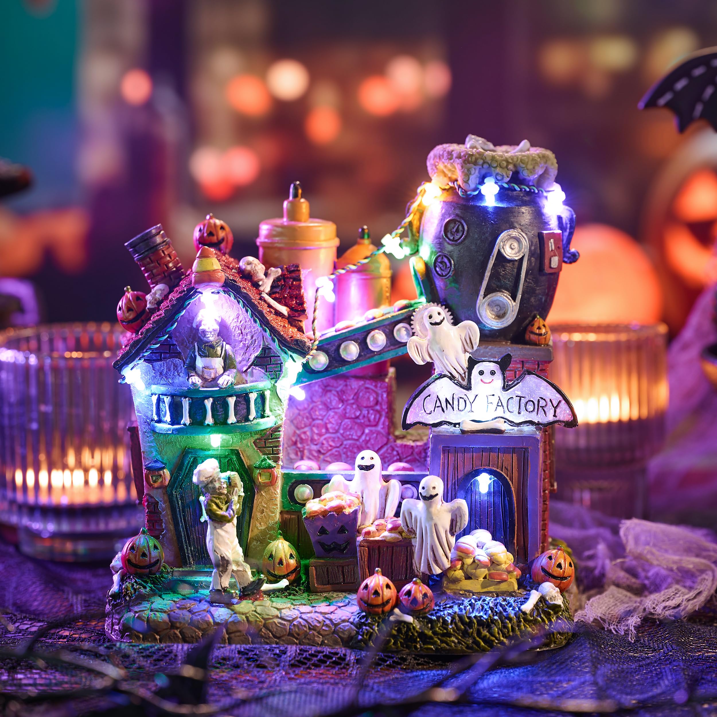 Valery Madelyn Halloween Decorations, Lighted Halloween Village Houses with Music and LED Lights, Resin Haunted House Spooky Town Scary Candy Factory for Home and Party Table Desk Mantel, 8 Inch