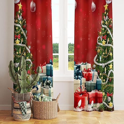 Miniatura 5 de Cortinas de Navidad, árbol de Navidad con regalos coloridos, árbol de Navidad, Graland, bolas de Navidad rojas abstractas, estampado de nieve de