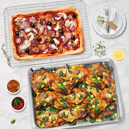 Miniatura 4 de P&P CHEF Juego de bandejas para hornear con estante, bandeja de media hoja de 17.5 pulgadas y estante de enfriamiento, bandeja de galletas de acero