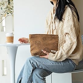 GUTGNK Makeup bag for Women, Corduroy Cosmetic Bag Aesthetic Design Ladies Tote Bag,Cute Smiley Face Makeup Organizer with Zipper - Brown