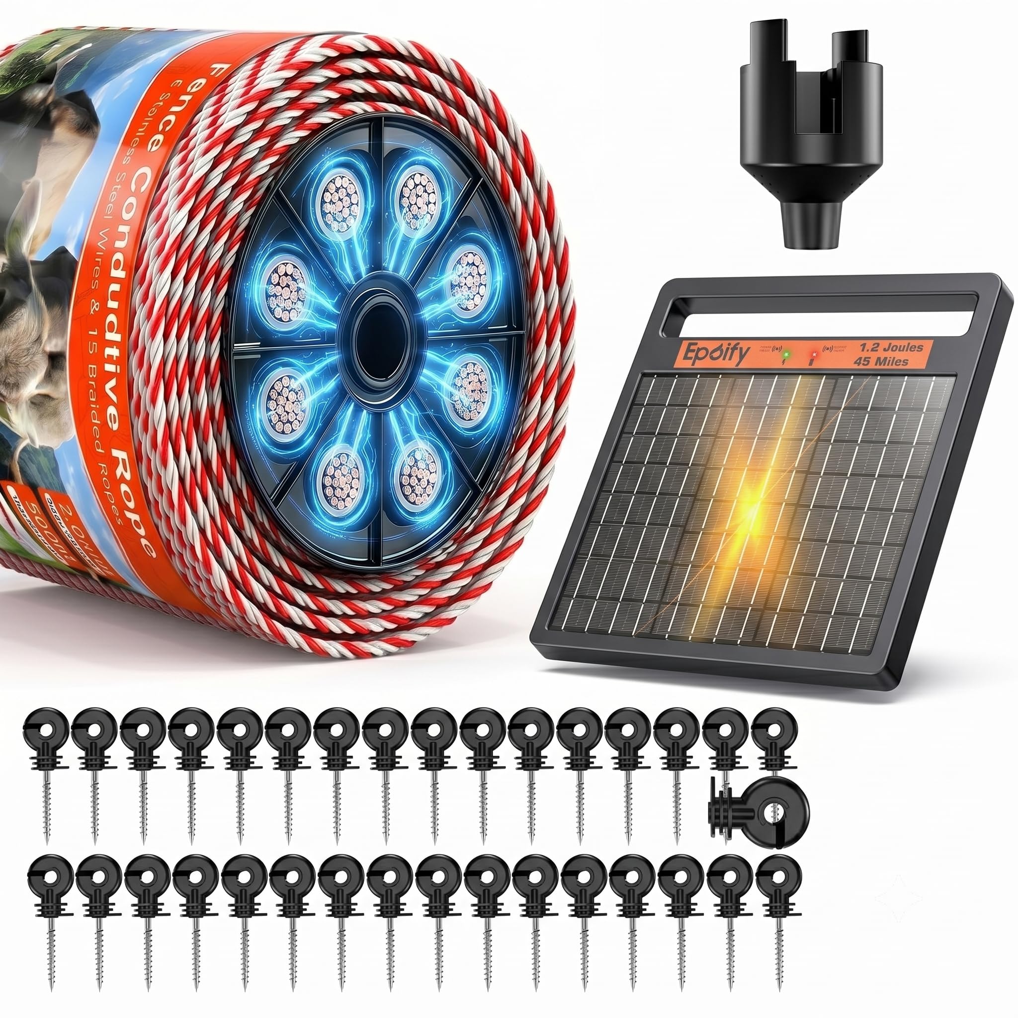 Solar Electric Fence Charger 1.2J Stored Energy, 45 Miles Coverage+Epoify Electric Fence Wire and Insulator Kit, 500m/1650FT Polywire with 50 Screw-in Insulators