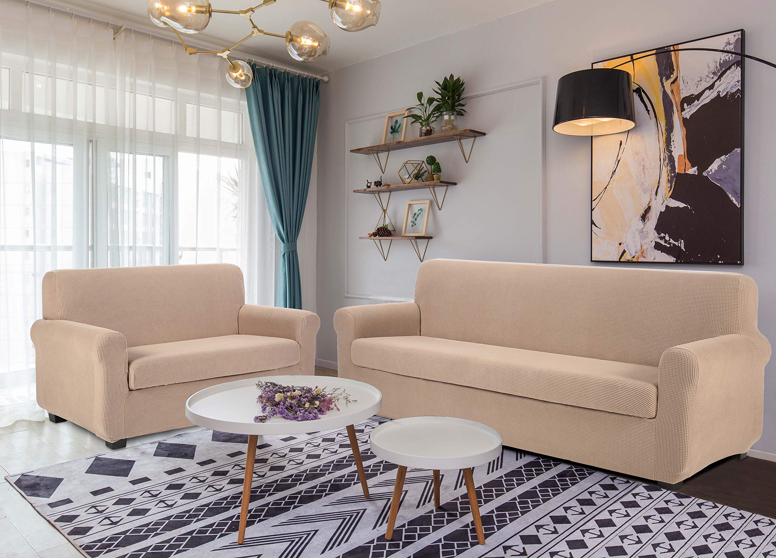 TIANSHU Fodera per Poltrona, Copri Poltrona 2 Posti Elasticizzato Jacquard Antiscivolo Copertura Poltrona Fodere Copridivani Contiene 1 copridivano e 1 coprisedile Divano (2 Posti, Sabbia)