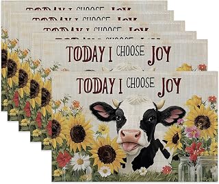 Rustic Cow Fabric Placemats,Country Sunflower Table Placemats Set of 6 Cloth Place Mats, Washable Heat-Resistant Table Mats for Home Kitchen Dining Room Decoration 11.8x17.7 Inch