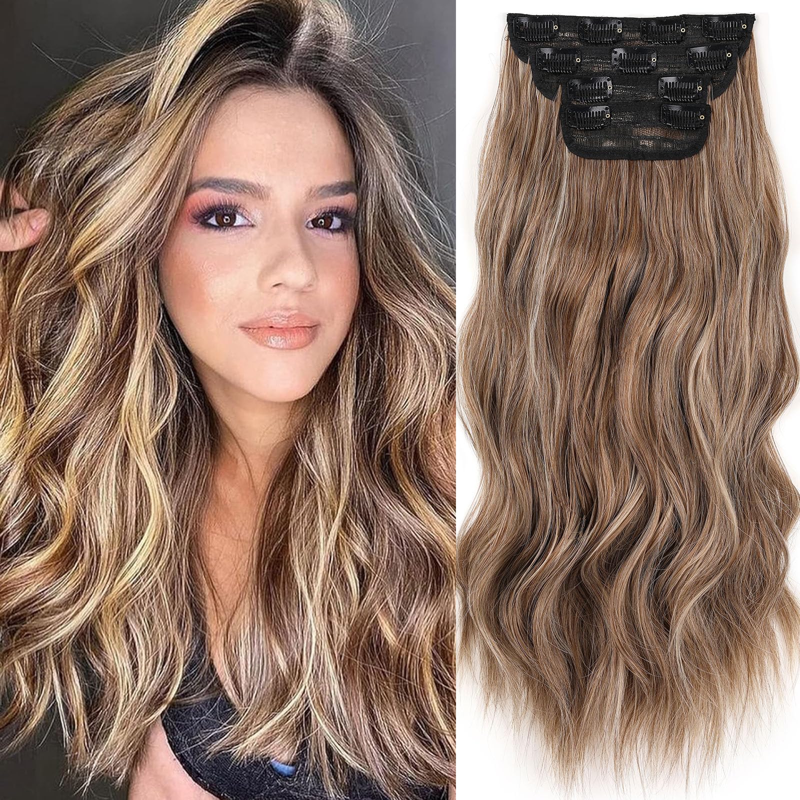 Samtress Clip in Hair Extensions for Women 20 Inch 4 PCS Long Wavy Clip in Hair Extension Synthetic Fiber Thick Hairpieces Brown Mixed Blonde (#8AH18)