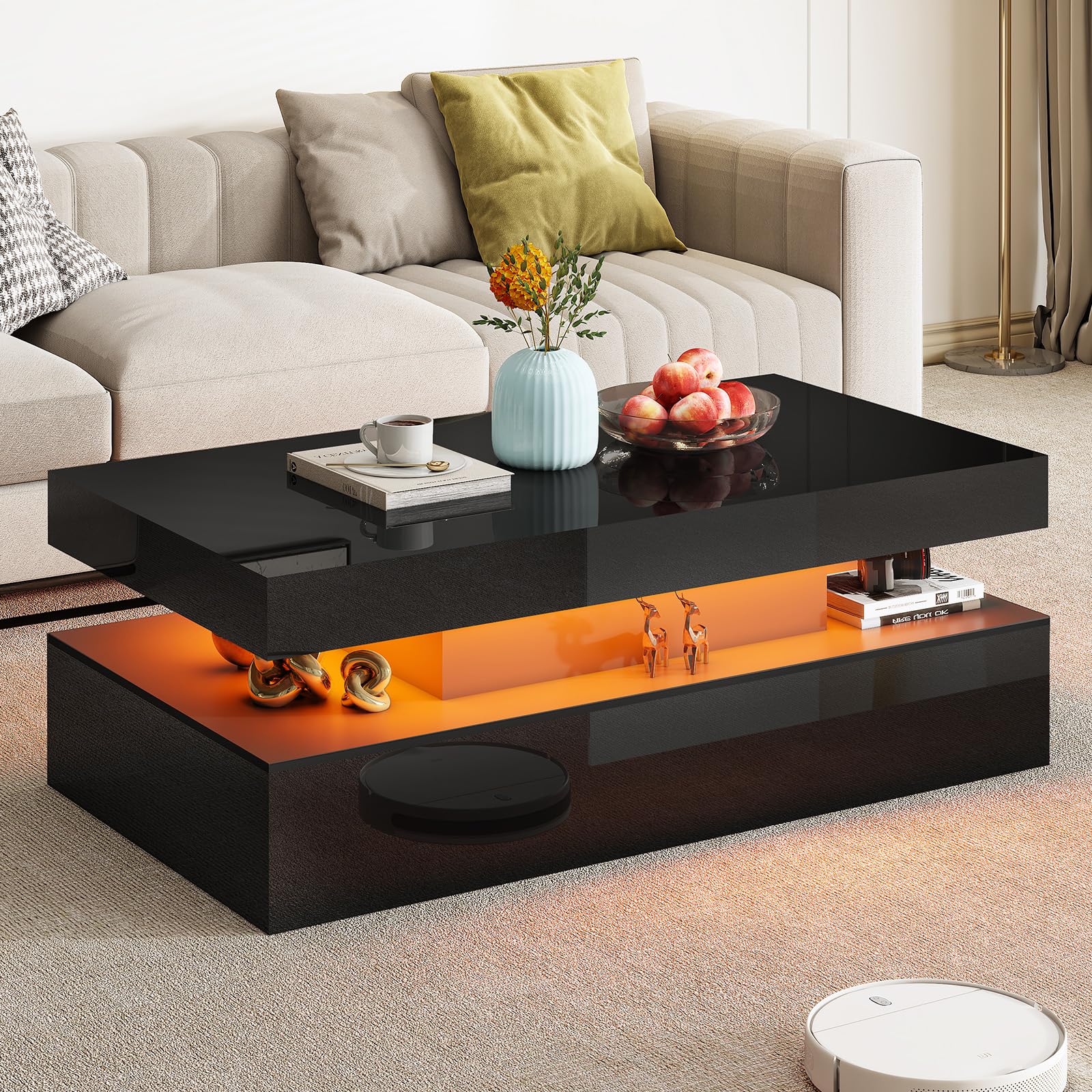 AMERLIFE High Gloss LED Coffee Table, Modern 2-Tier Center Table with LED Lights, Open Storage Space, 40in Simple Rectangular Sofa Side Table for Living Room, Black