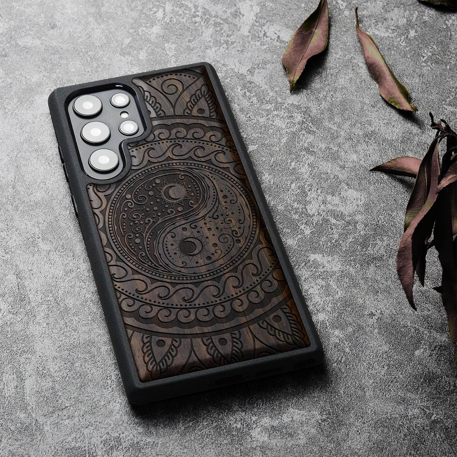 Carveit Wood Case for Galaxy S22 Ultra Case [Natural Wood & Black Soft TPU] Shockproof Protective Cover Unique & Classy Wooden Design Compatible with Samsung S22 Ultra (Yin Yang Paisley-Blackwood)