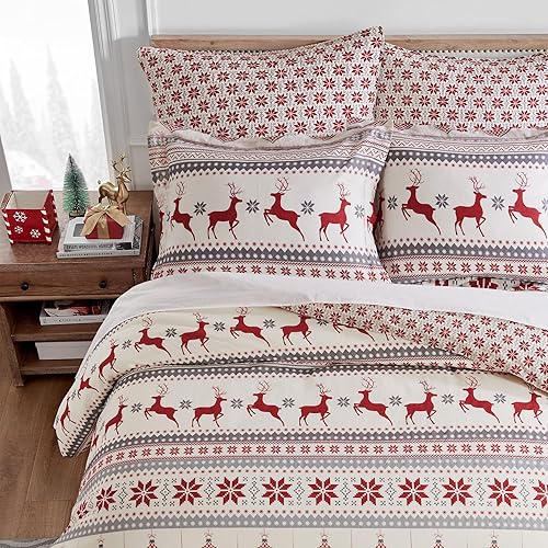 Miniatura 9 de Edredón individual noche silenciosa, juego de algodón, motivo Navidad, vacaciones, rojo, gris y blanco