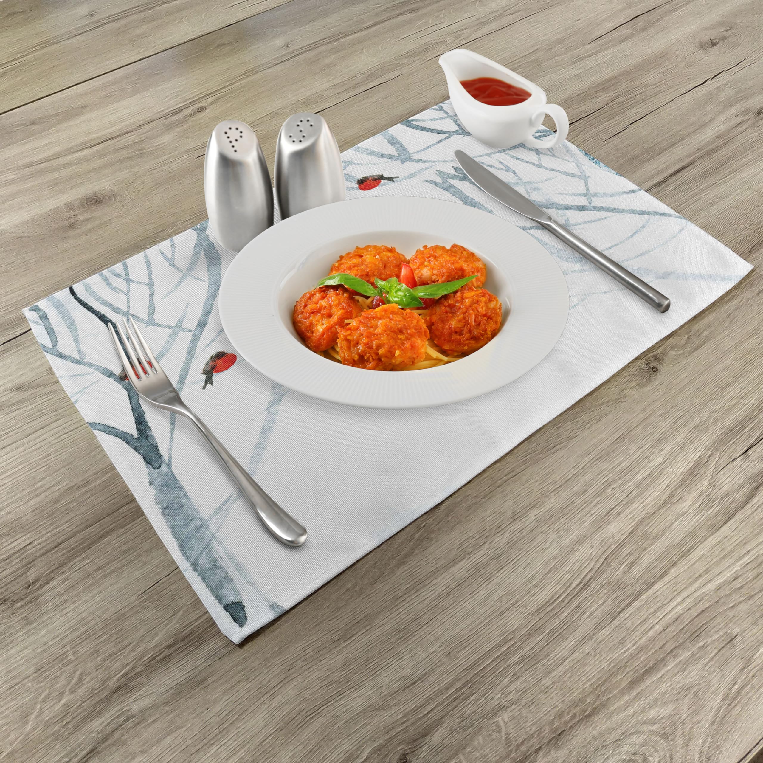 ABAKUHAUS Modern Place Mats Set of 4, Woods Bullfinches, Washable Fabric Placemats for Dining Room Kitchen Table Decor Pale Grey White - Image 2