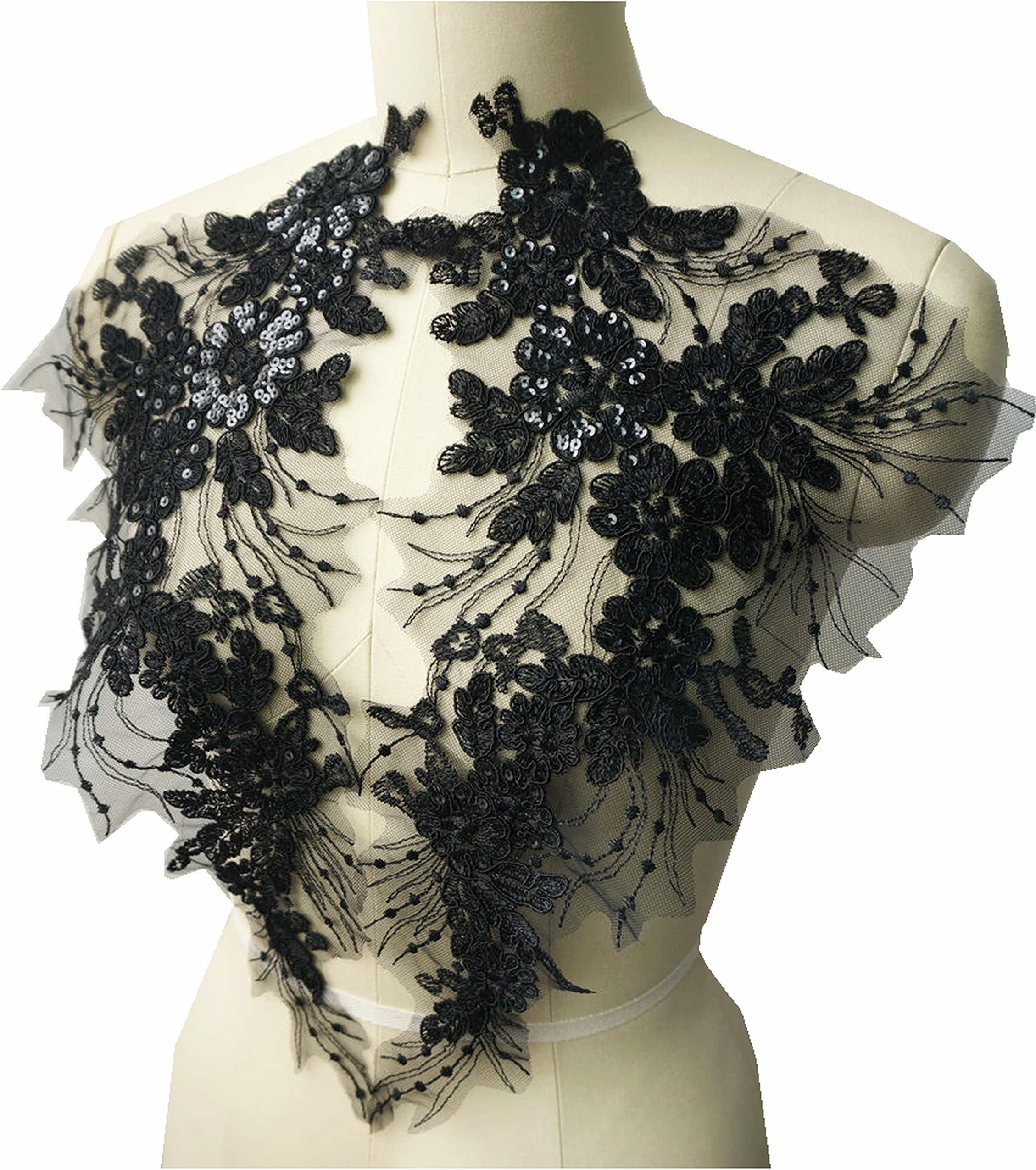 Sequin Flower Tassel Wedding Gown Appliques Lace Fabric Embroidered Patches Trims Collar Mesh Sew Patch for Dress DIY Decor Crafts (Black)