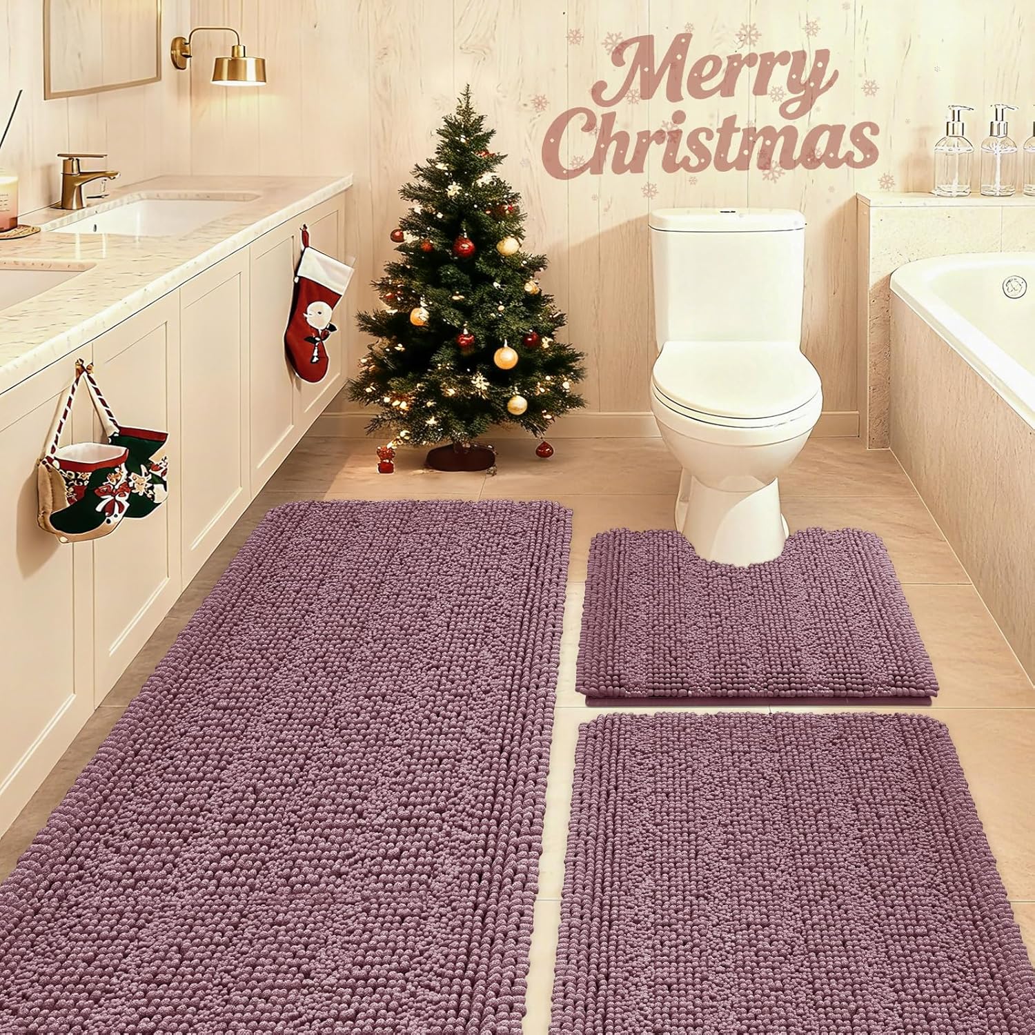 Striped Mauve Bathroom Rug Set 3 Pieces Ultra Soft, Non Slip Chenille Bath Carpet, Absorbent Plush Shaggy Bath Mats for Bathroom, Toilet, Bedroom, Kitchen