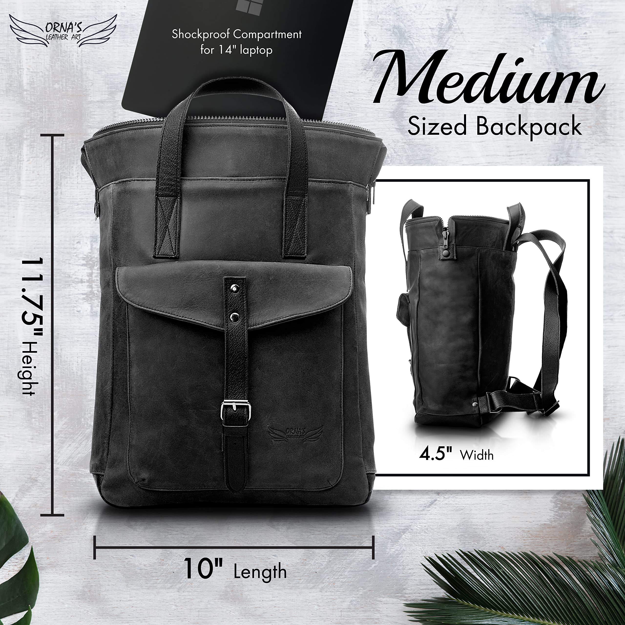 ORNA'S LEATHER ART | SWAN Everyday leather backpack for Women, Black