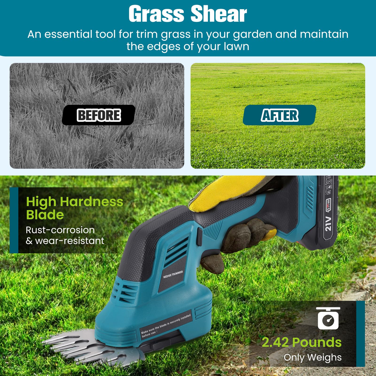 2 en 1 Taille-Haies sans Fil 21V, Cisaille à Gazon Electrique avec Batterie 2 x 1500mAh et 2 Lames, Lame Longue 31 cm/Lame Courte 15 cm, pour Jardin, Pelouse, Arbustes,Gazon