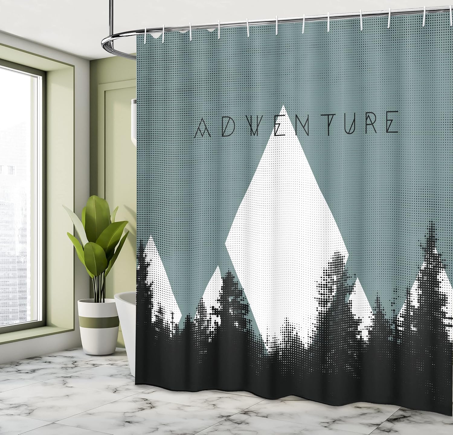 Ambesonne Adventure Shower Curtain, Forest Halftone Effect Hipster Typography Camping in Mountains, Cloth Fabric Bathroom Decor Set with Hooks, 69" W x 75" L, Cadet Blue
