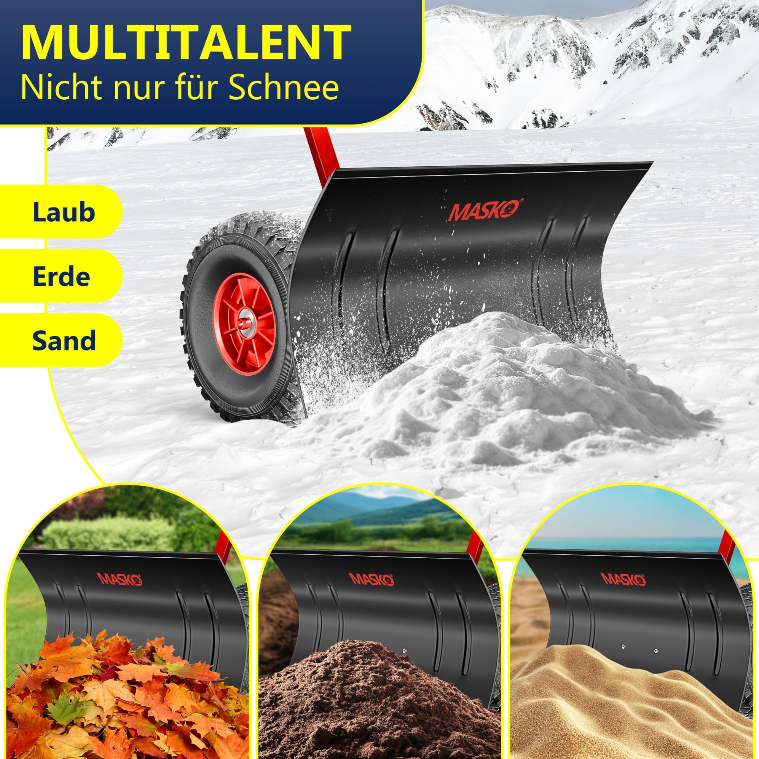 MASKO® Pala da neve su ruote regolabile in altezza – 5 posizioni, non danneggia la schiena, 75 cm, 42 cm