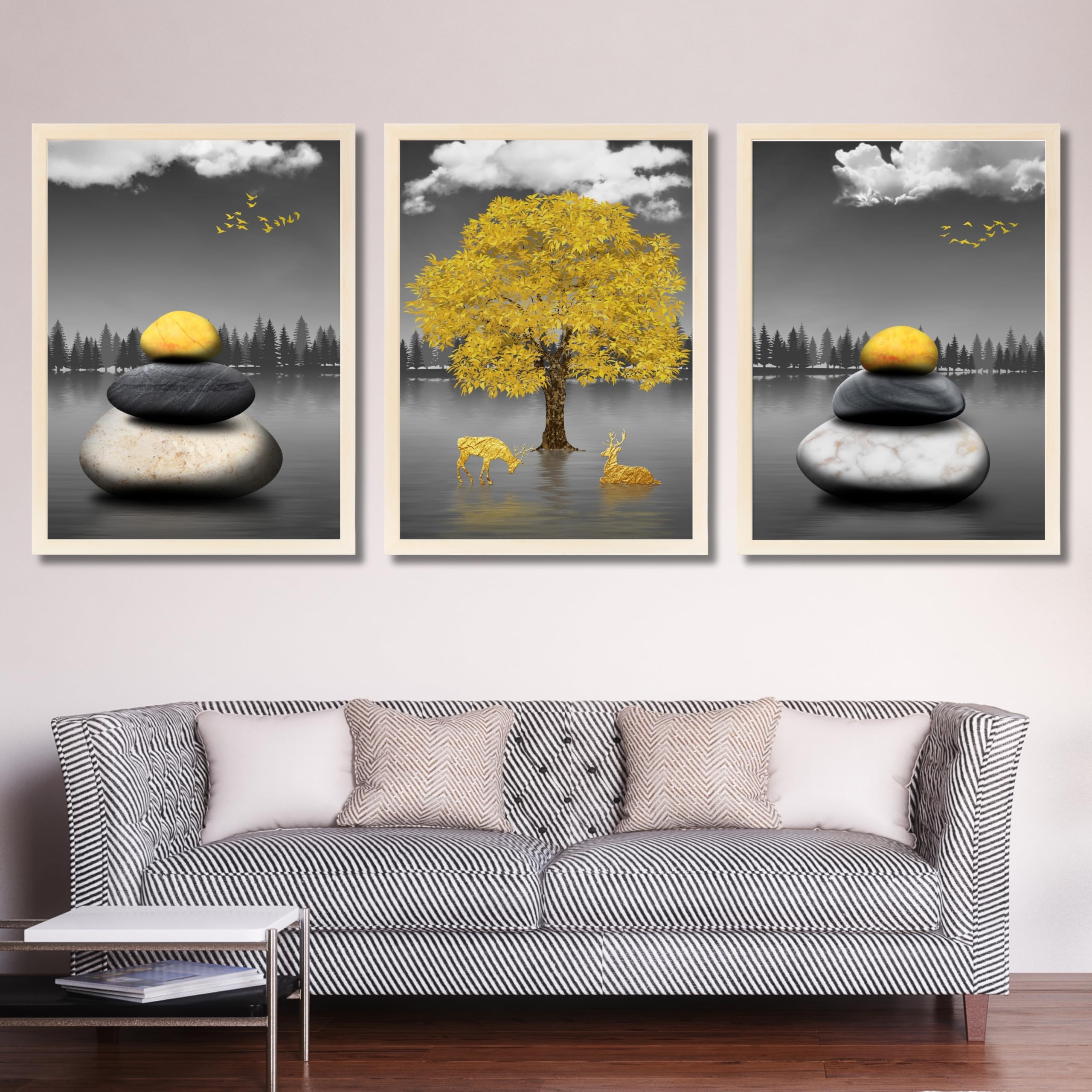 CRAFT QUEST Modern Art Geometric Landscapes Wall Art | Set of 3 Frames for Home Decoration | Ideal for Living Room, Bedroom & Offices (Natural, 10 x13 Inch Each Frames)