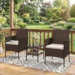 Ensemble de Mobilier de Patio en Osier Outsunny de 3 Pièces, Ensemble Bistro en Rattan avec 2 Chaises de Patio, Table en Verre à 2 Niveaux, Coussins, Mobilier de Conversation Extérieur pour Porche, Balcon, Beige