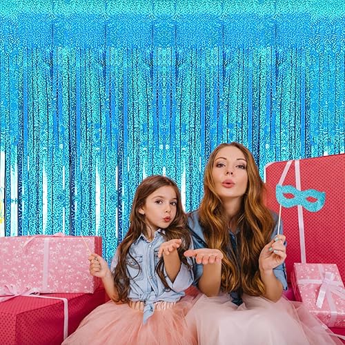 Miniatura 2 de Paquete de 2 cortinas de flecos de papel de aluminio azul de 3.2 x 8.2 pies, decoración de fiesta, cortinas metálicas de oropel para pared, cortinas