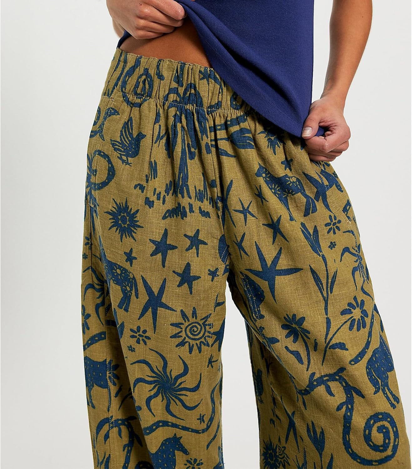 Ainangua Boho Linen Printed Pants for Women Casual High Waist Palazzo Wide Leg Pant Comfy Beach Lounge Pants Trendy Trousers