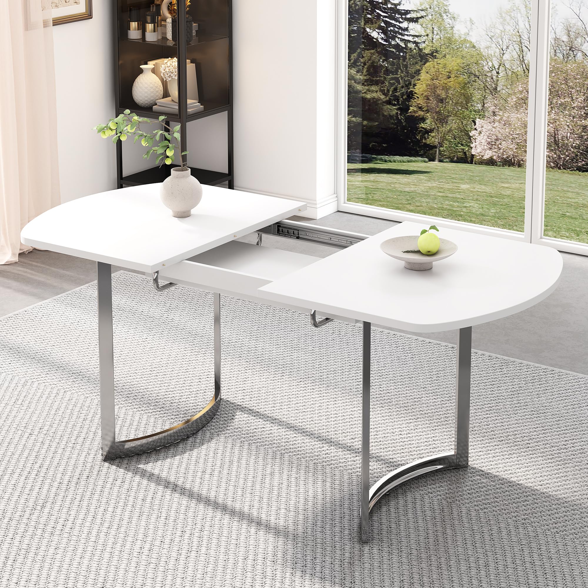 Soweiz Mesa de comedor extensible 140/180 x 80 cm, longitud extensible 180 cm, patas de metal plateadas, soporte de aleación de alta resistencia, adecuado para 4 – 6 personas, color blanco + plateado