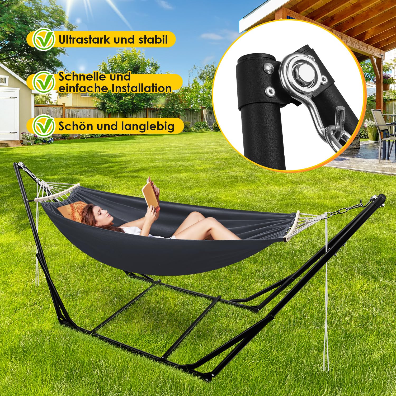 Hamac avec support, charge maximale 200 kg, pour 2 personnes, hamac d'extérieur pliable avec armature pour jardin, terrasse, balcon, avec sac de transport, structure en métal