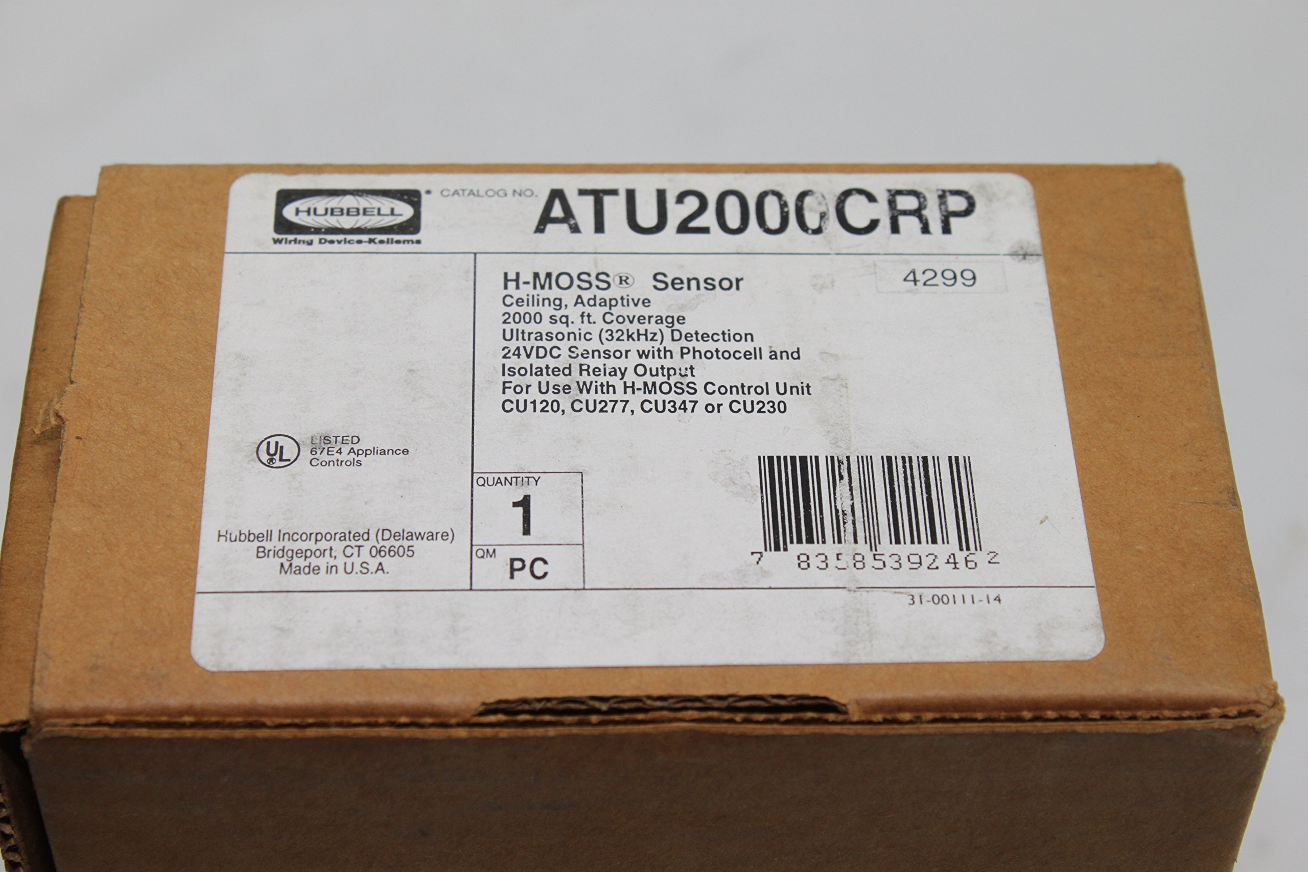 Hubbell ATU2000CRP Ceiling Sensor, Adaptive Technology, Ultrasonic, Photocell, Isolated Relay, White, 2000sqft Max Sensing Range