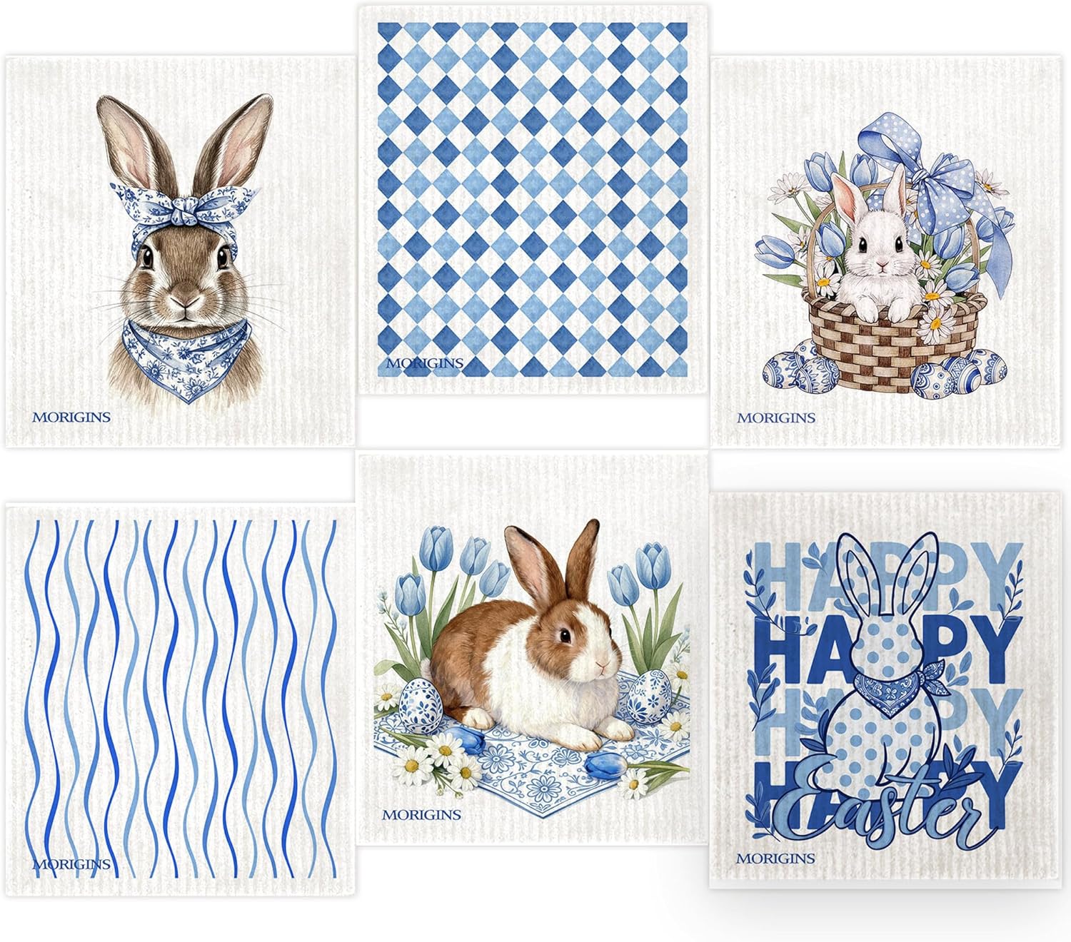 Morigins Swedish Kitchen Dishcloth Blue and White Porcelain Easter Bunny 7x8inch Reusable Absorbent Towel Kitchen and Bathroom Countertop Cleaning Cellulose Sponge Cloth Spring and Summer 6 Piece