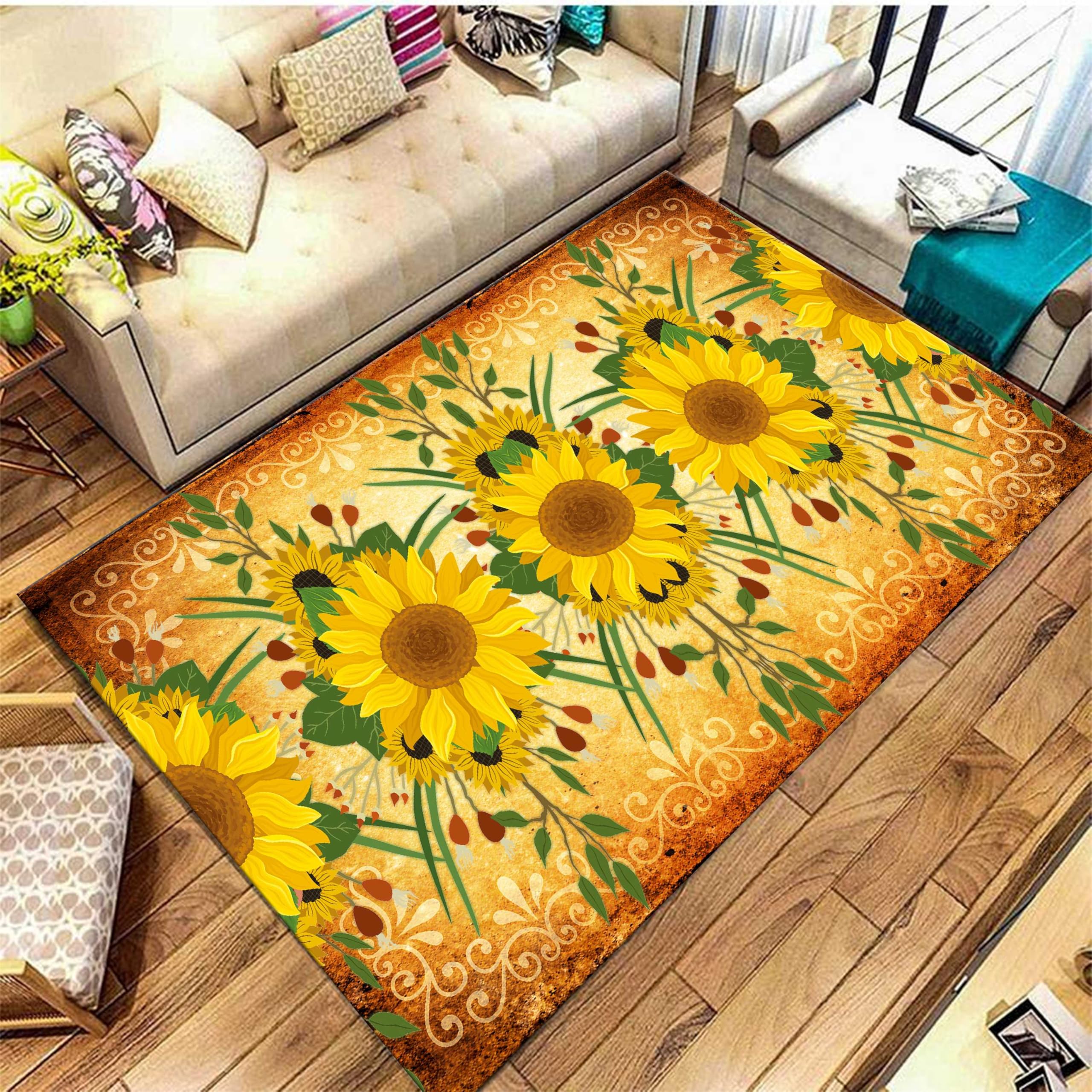 AOESELN Yellow Sunflower Area Rug,3x5ft Farmhouse Country Floral Rug, Non-Slip Washable Low Pile Soft Indoor Rug for Living Room, Bedroom, Dining Room