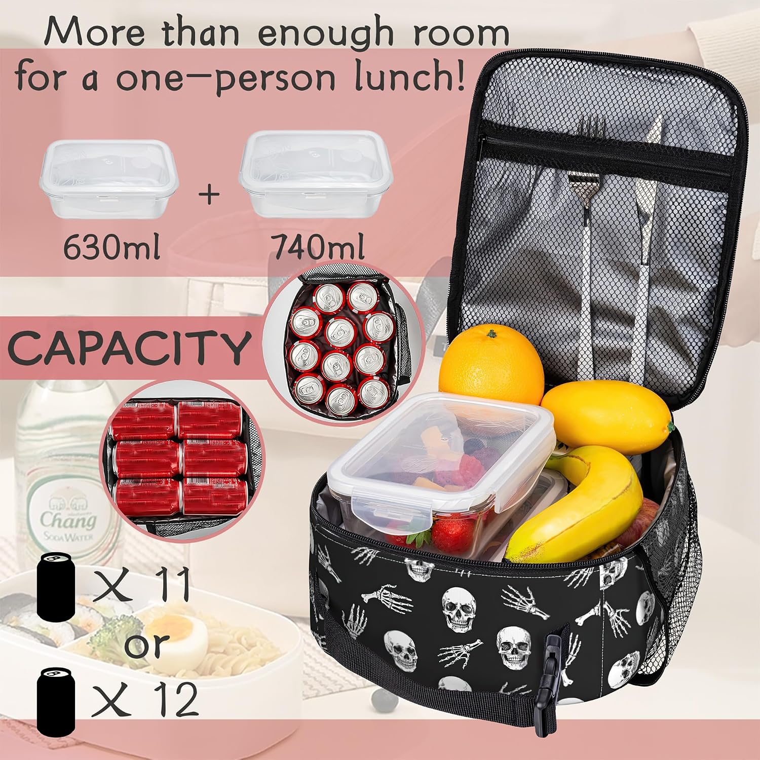 Cool Skull Skeleton Lunch Bag, Insulated Reusable Lunch Tote Gift image 4