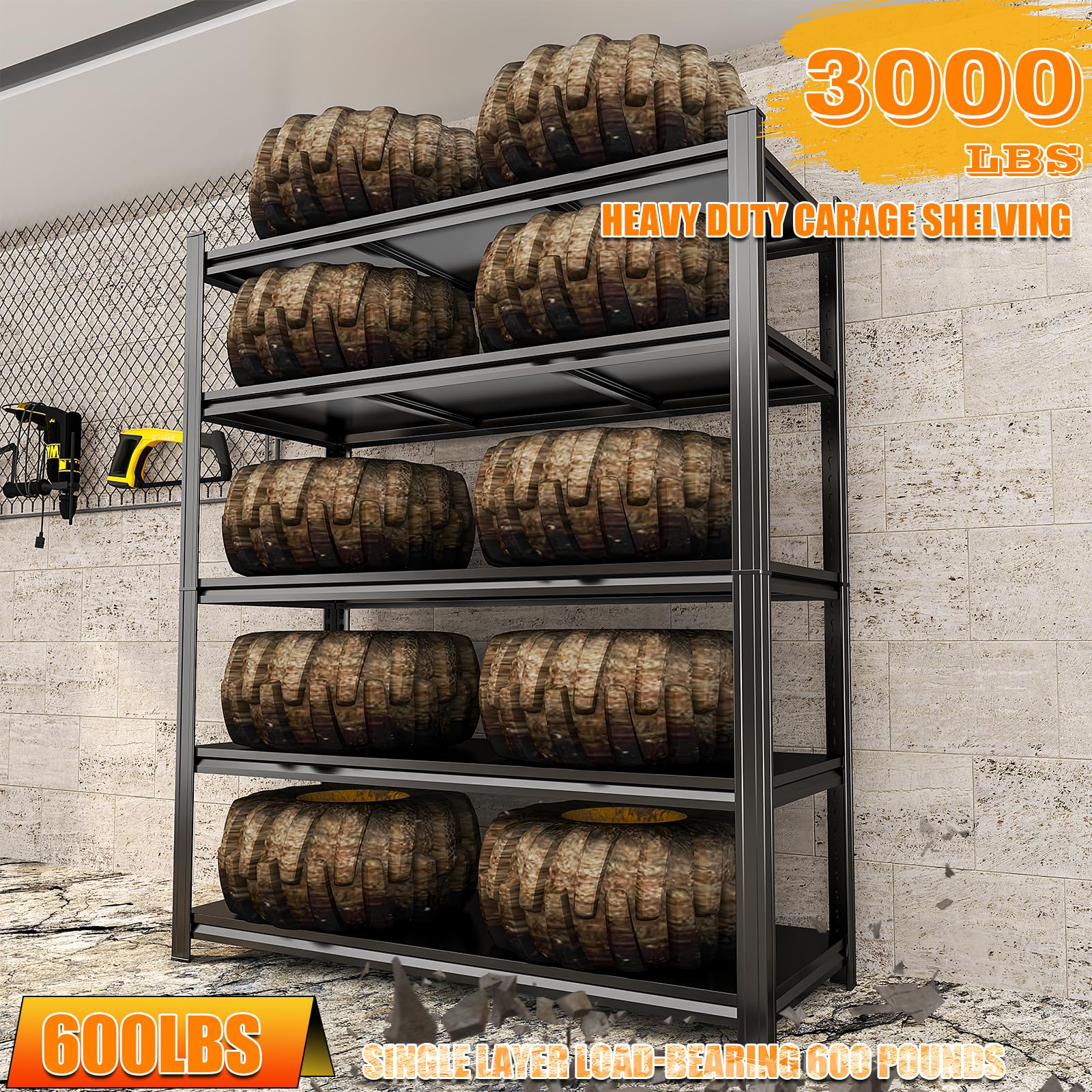 Scaffalatura resistente per garage, 5 ripiani regolabili in metallo, scaffale portaoggetti per garage e cantina, organizzazione degli attrezzi, magazzino, dispensa, cucina, 91,4 cm, nero