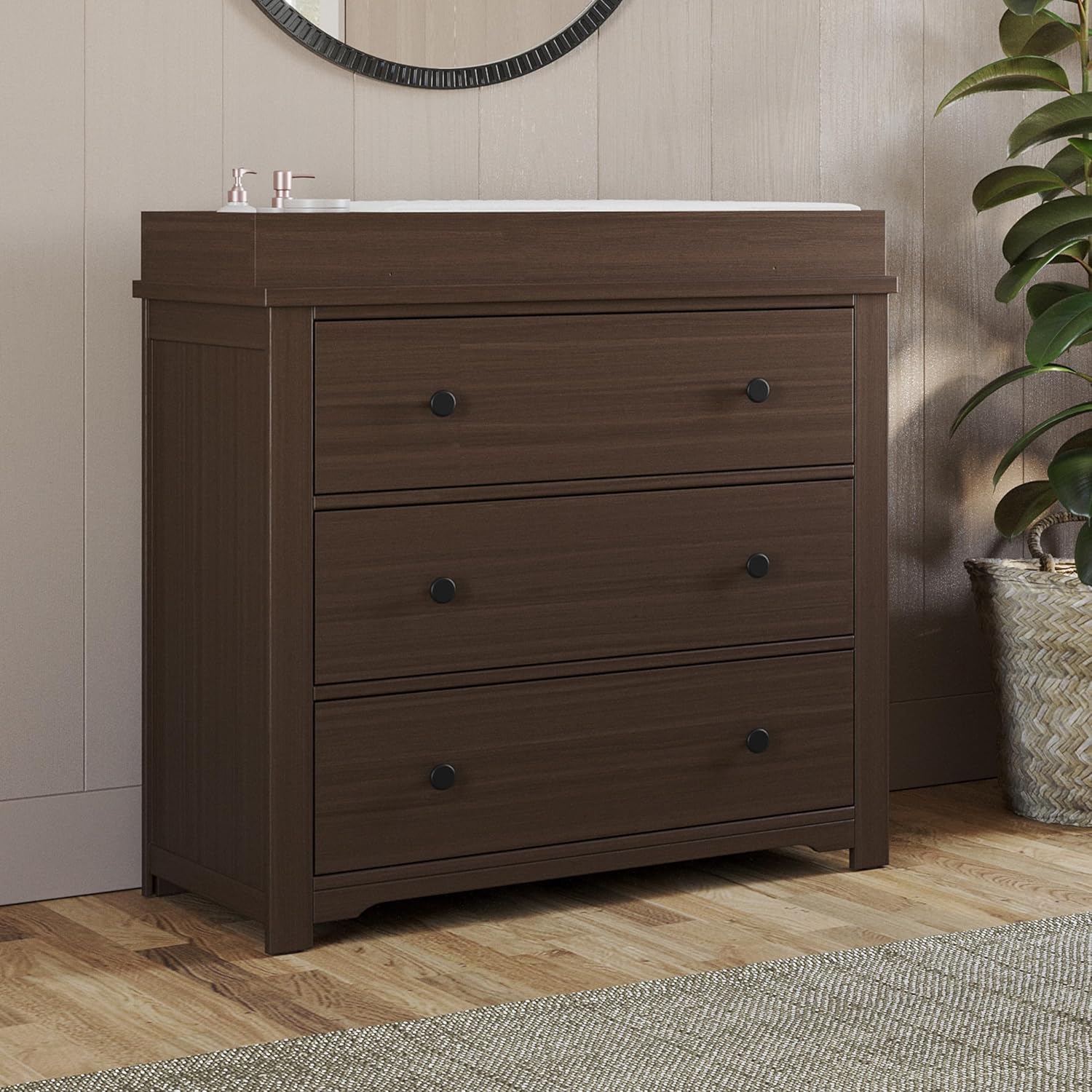Child Craft Harmony 3 Drawer Dresser with Removable Changing Table Topper for Nursery or Bedroom, (Brushed Truffle)