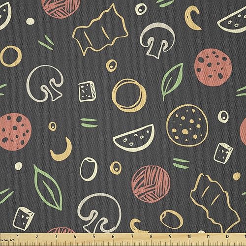 Ambesonne Cartoon Fabric by The Yard, Sketches of Pizza Ingredients Yummy Food Theme, Microfiber Fabric for Arts and Crafts Textiles & Decor, 10