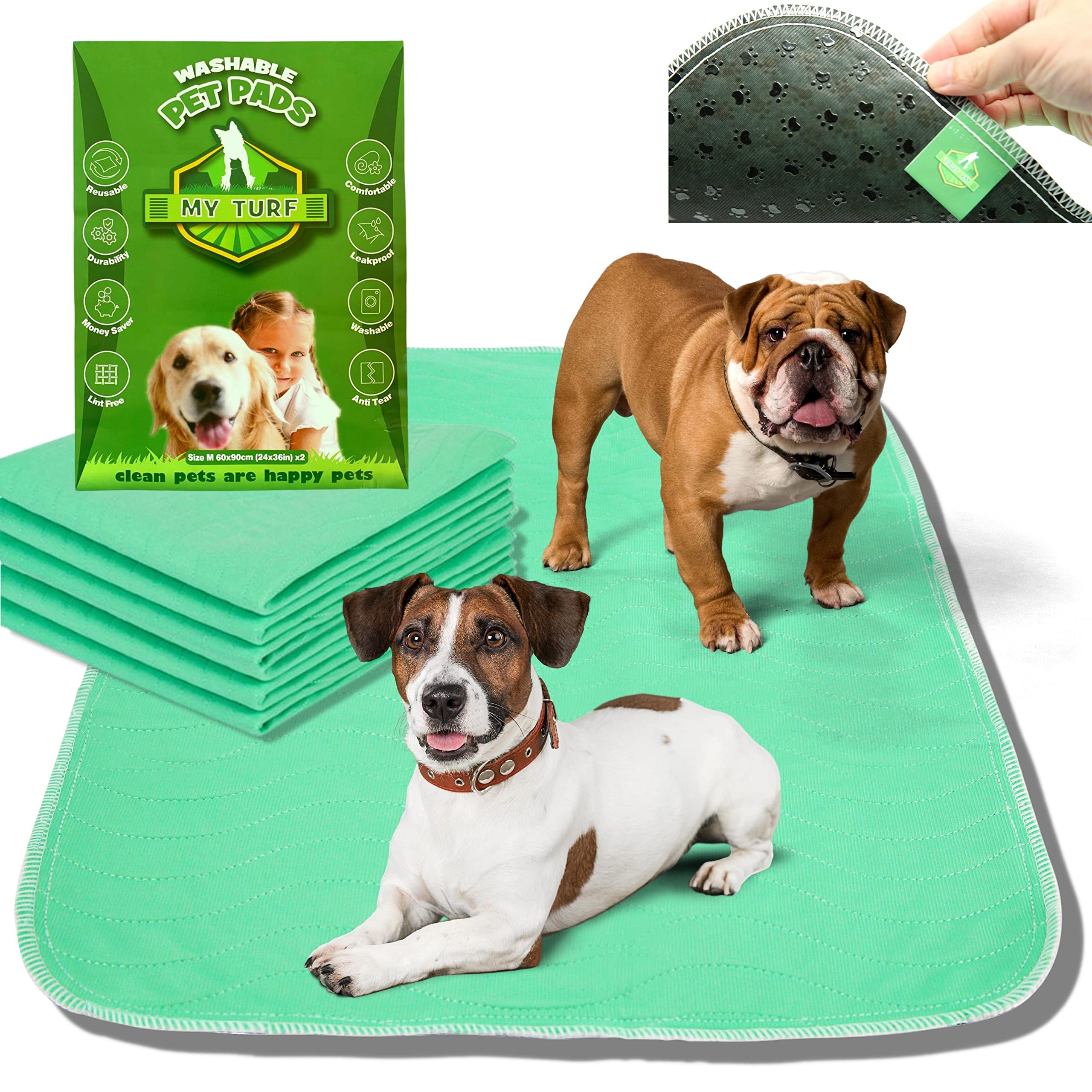 MY TURF Highly Absorbent Washable Puppy Pads 60cm x 90cm (x2), Reusable Puppy Training Pads, Waterproof, Leak Proof, Fast Drying, Anti Slip, Odour Control, Pee Pads, Puppy Mats