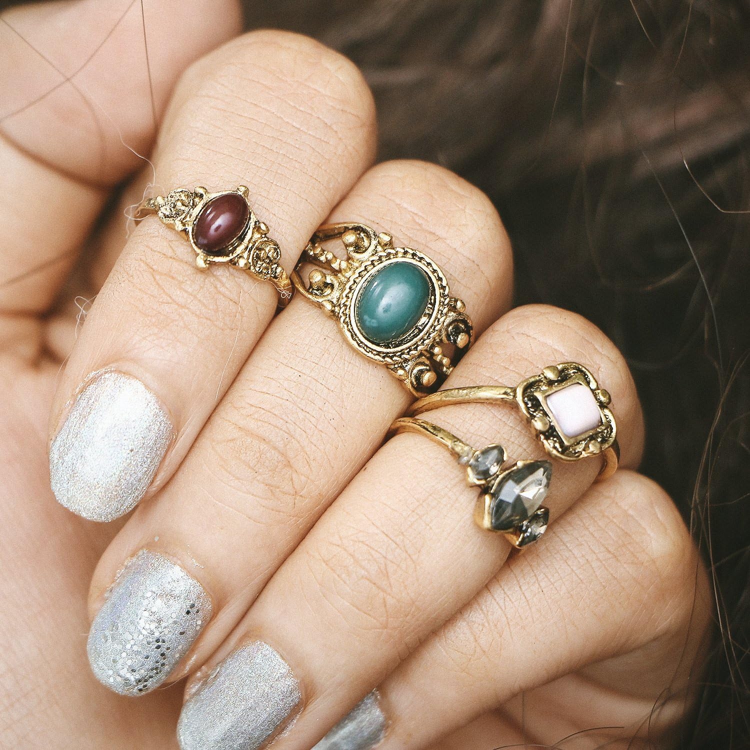 4 Pieces Turkish Retro Stones Joint Knuckle Nail Midi Ring Set Trendy Boho Ring Set, Golden