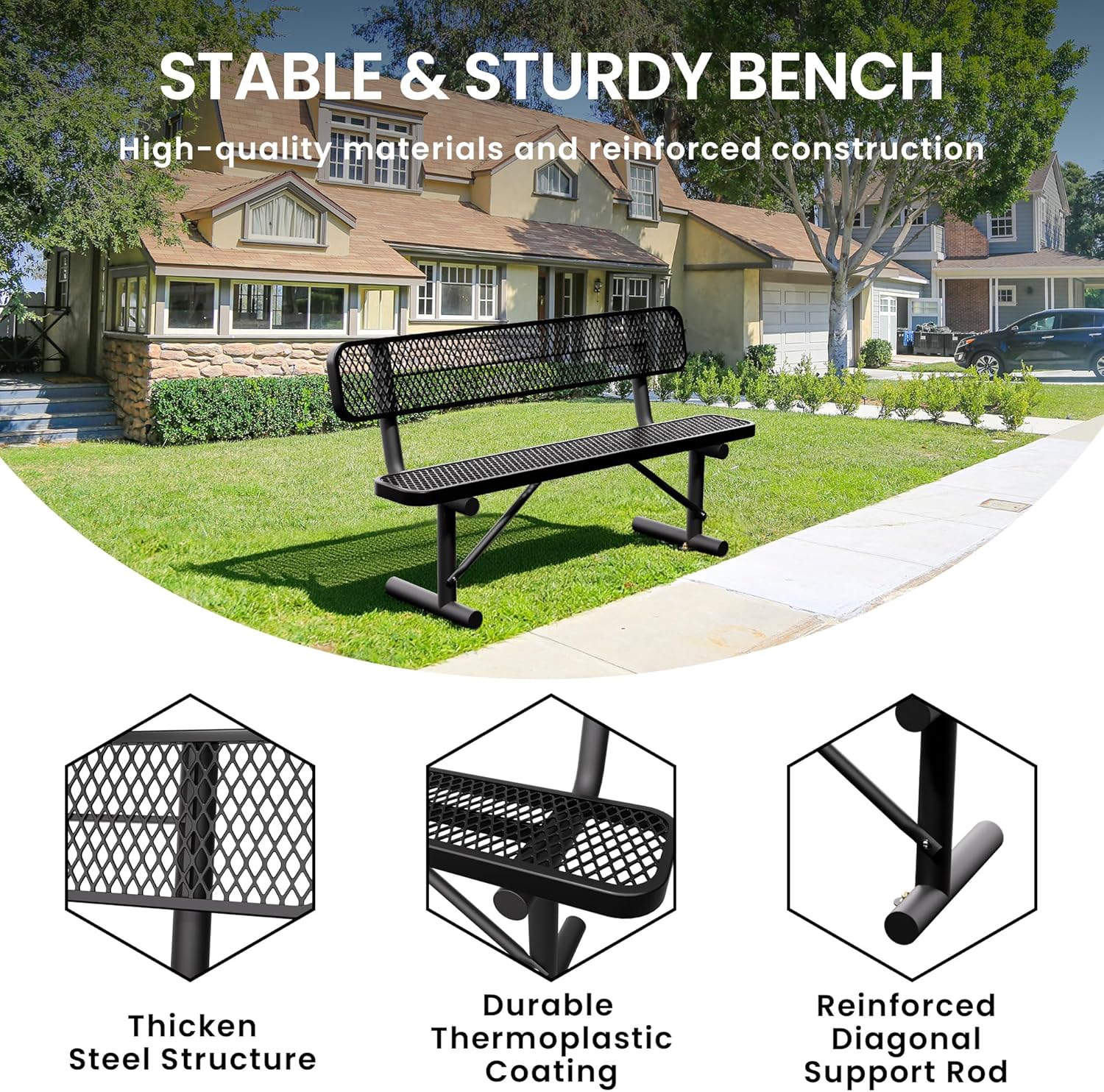 6 Feet Heavy Duty Metal Park Bench for Outside, Outdoor Bench with Backrest & Portable Frame, Commercial Benches for Shopping Malls, Stores, Parks, Patios, Decks, Black