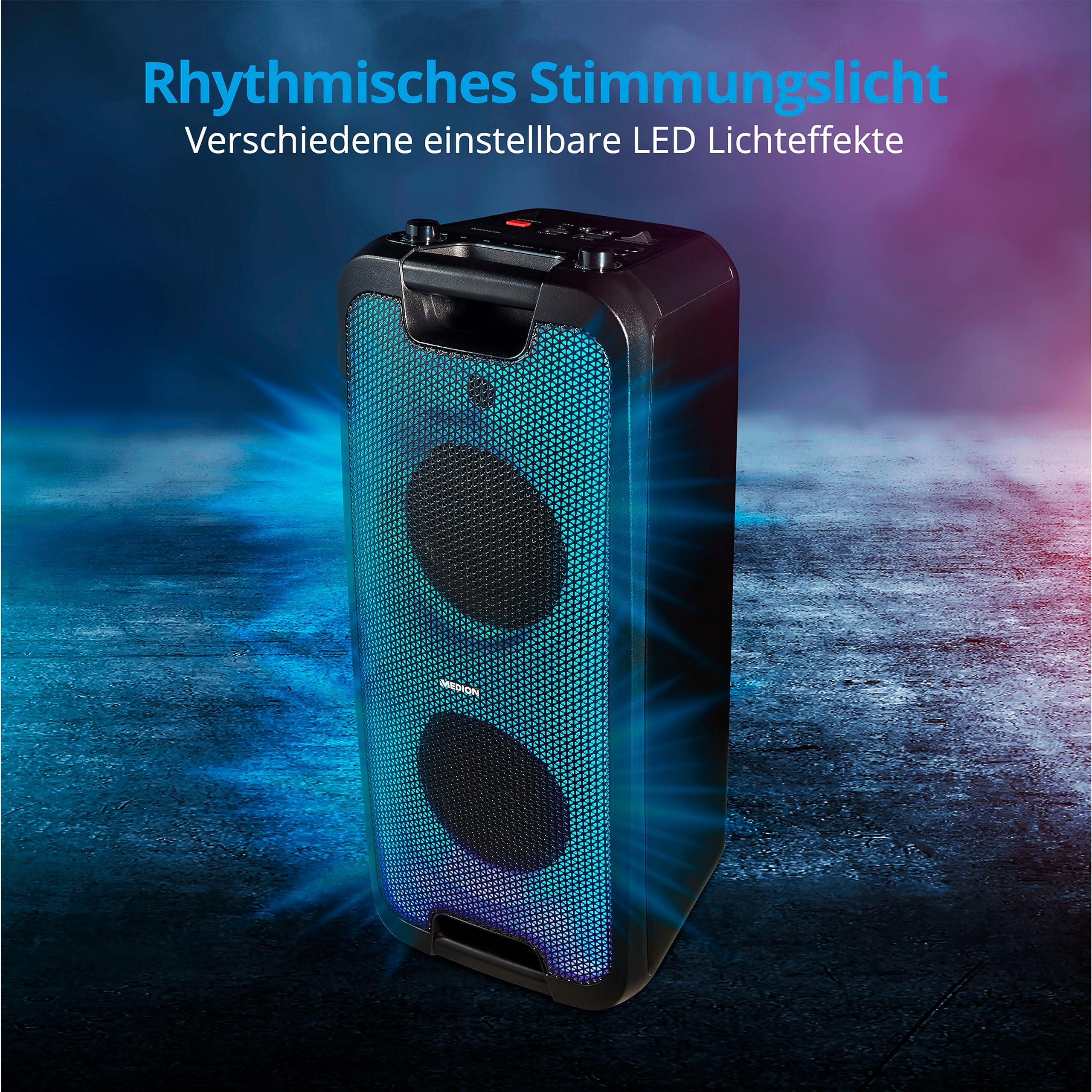 MEDION E61400 Party-Soundsystem (Partylautsprecher, inkl. Mikrofon, Karaoke, Akku, Bluetooth 5.0, Kompaktanlage, Farbige umlaufende LEDs, USB, AUX, 2X Mikrofonanschluss)