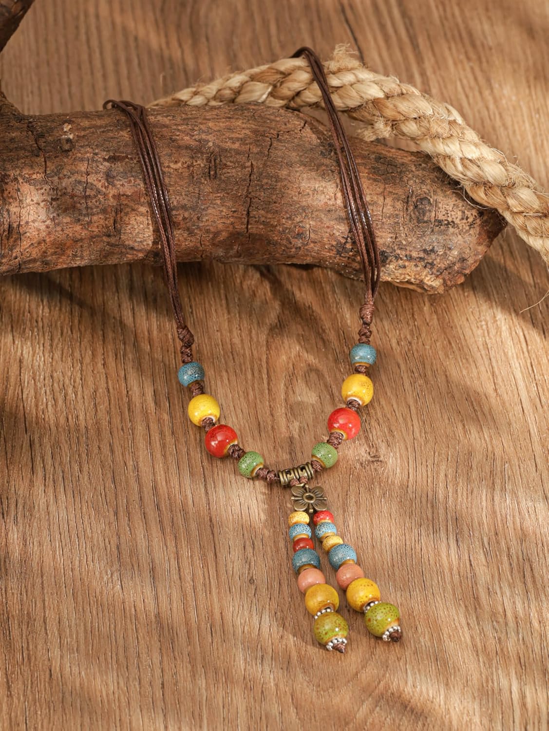MINACHI Vintage Bohemian Colorful Ceramic Bead Antique Flower Y Necklace, Vintage Boho Hippie Statement Jewelry Gift for Women - Image 3
