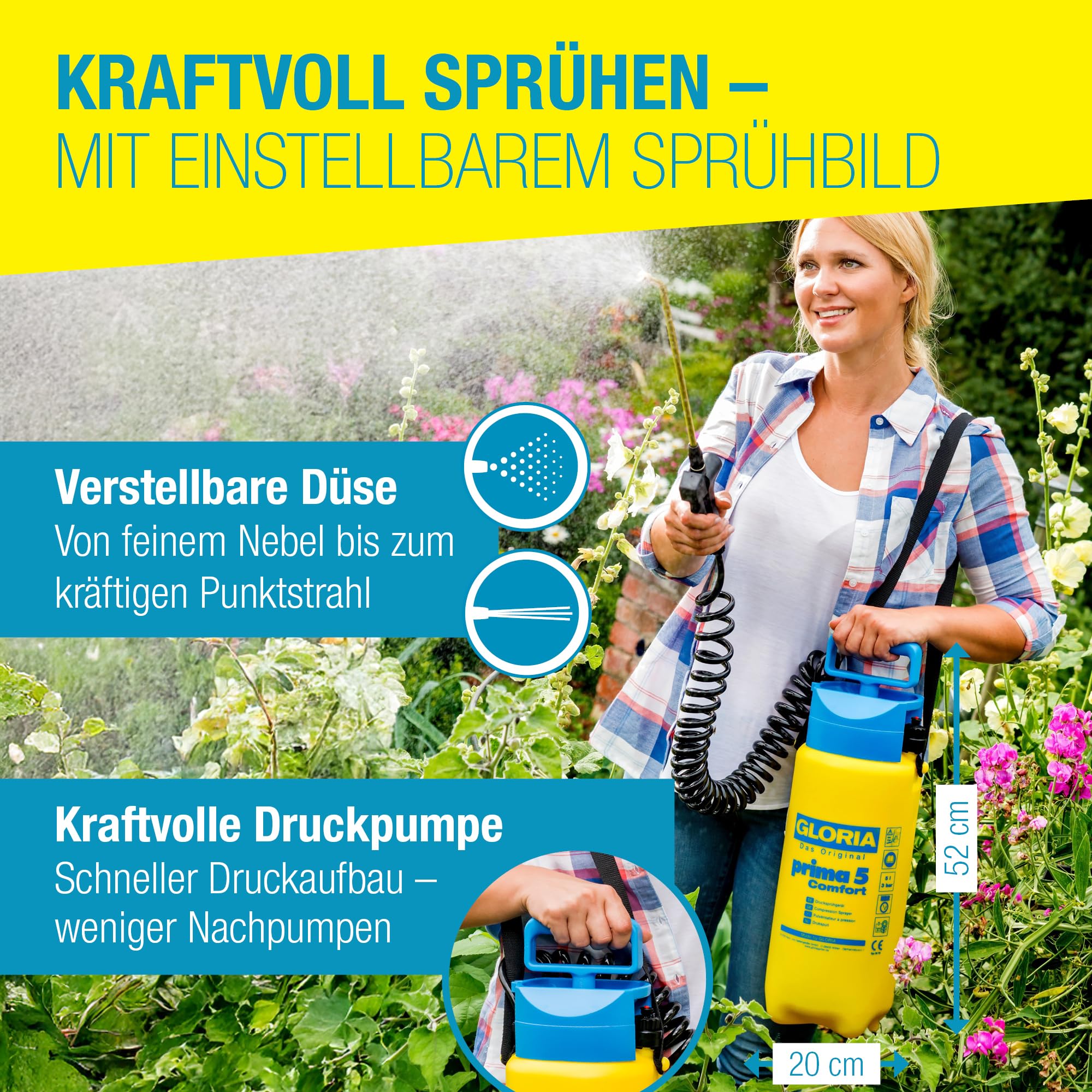 GLORIA Drucksprüher prima 5 Comfort | 5 L Gartenspritze mit Spiralschlauch & Kompressoranschluss | Komfort Drucksprühgerät für Pflanzenschutz, Gartenpflege, Düngung & Unkrautbekämpfung