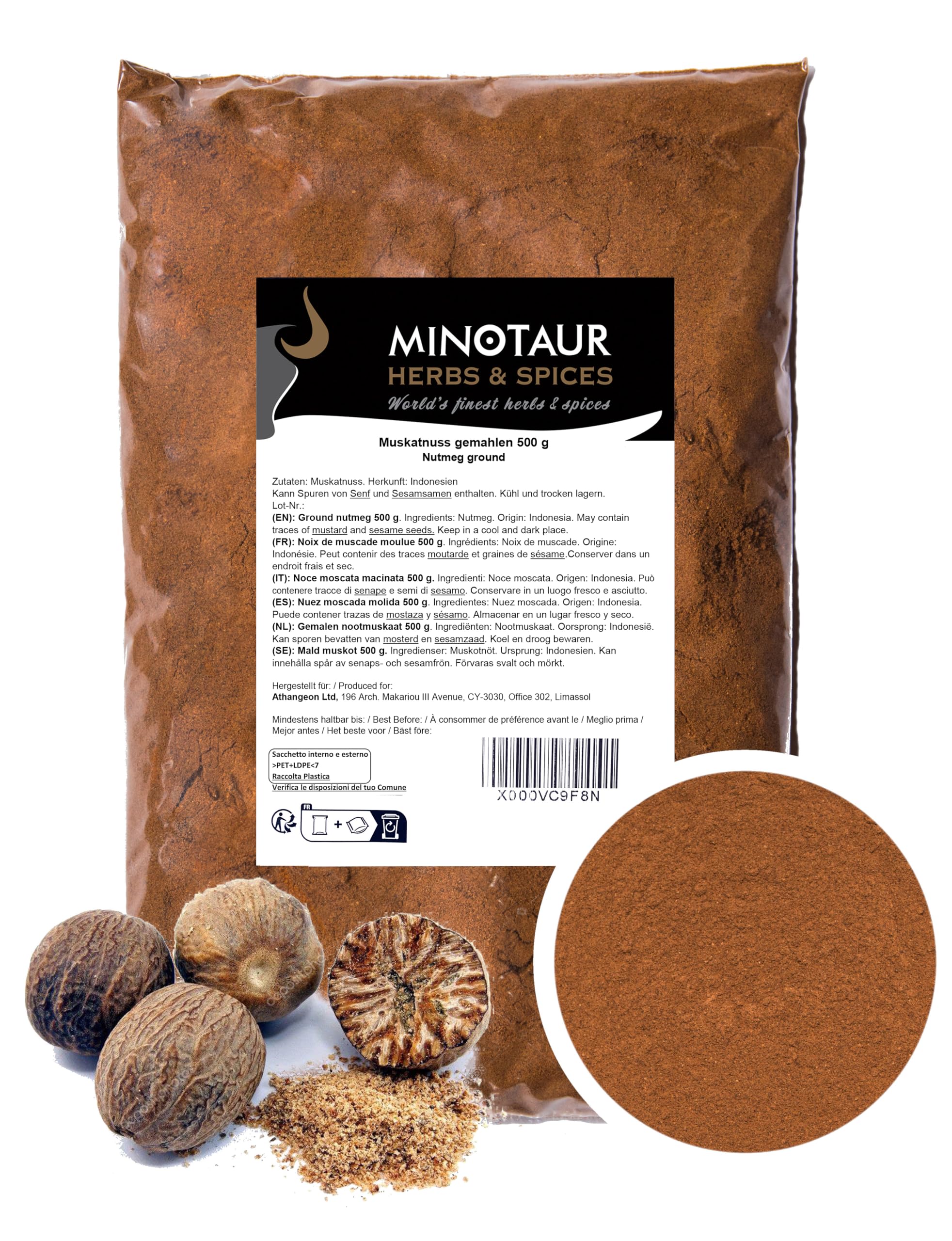Minotaur Spices | Nuez moscada molida | 2 x 500g (1 Kg) | Polvo de nuez moscada