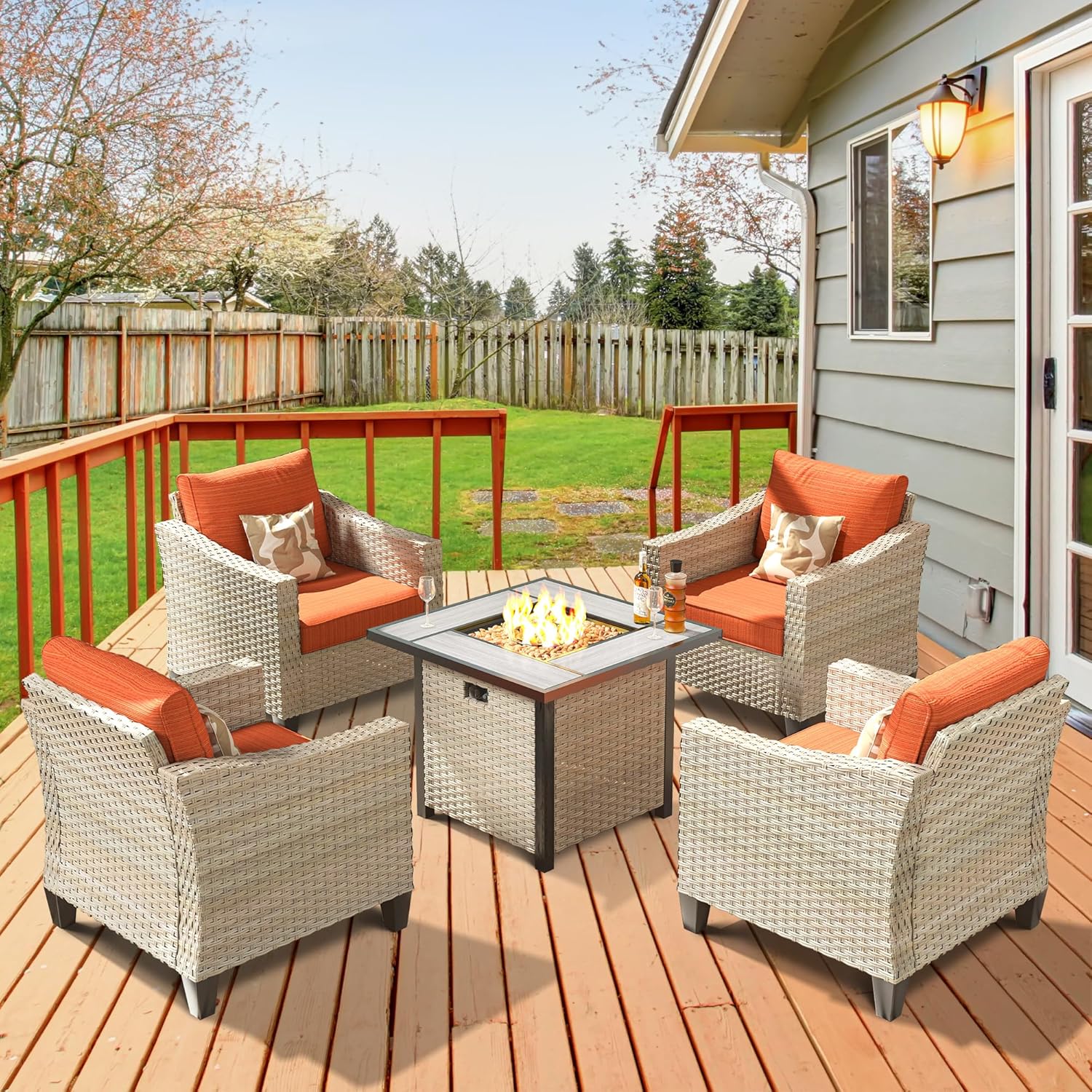 ovios 5Piece Wicker Patio Furniture Set with Fire Table