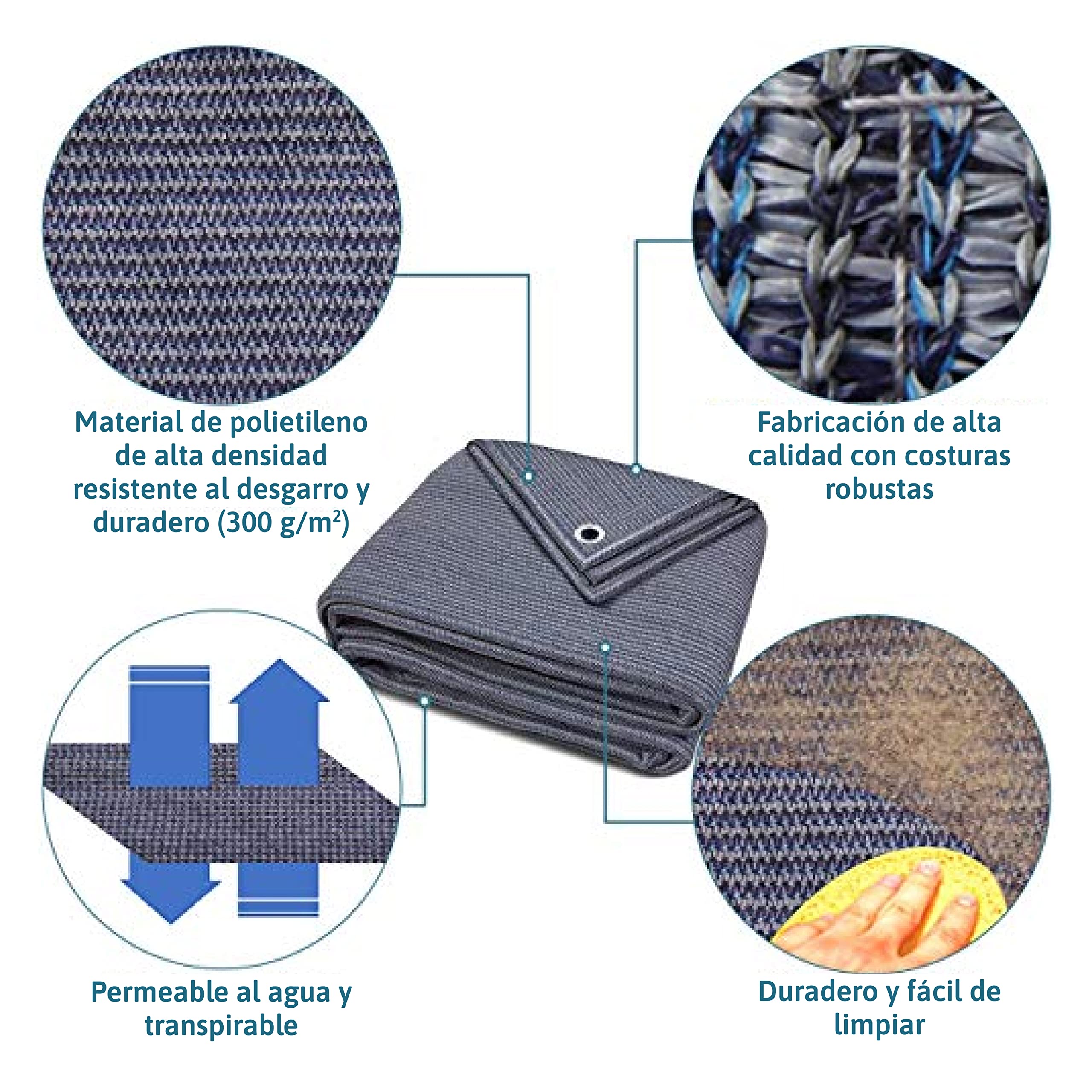 Alfombra De Toldo - Suelo De Polietileno Azul / Gris (Hdpe) Con Ojales De Acero Inoxidable - Muy Robusta Y Lavable - Incluye Bolsa De Transporte Y 8 Clavijas En Forma De T - Además: 1X Nivel De Burbuja Cruzada