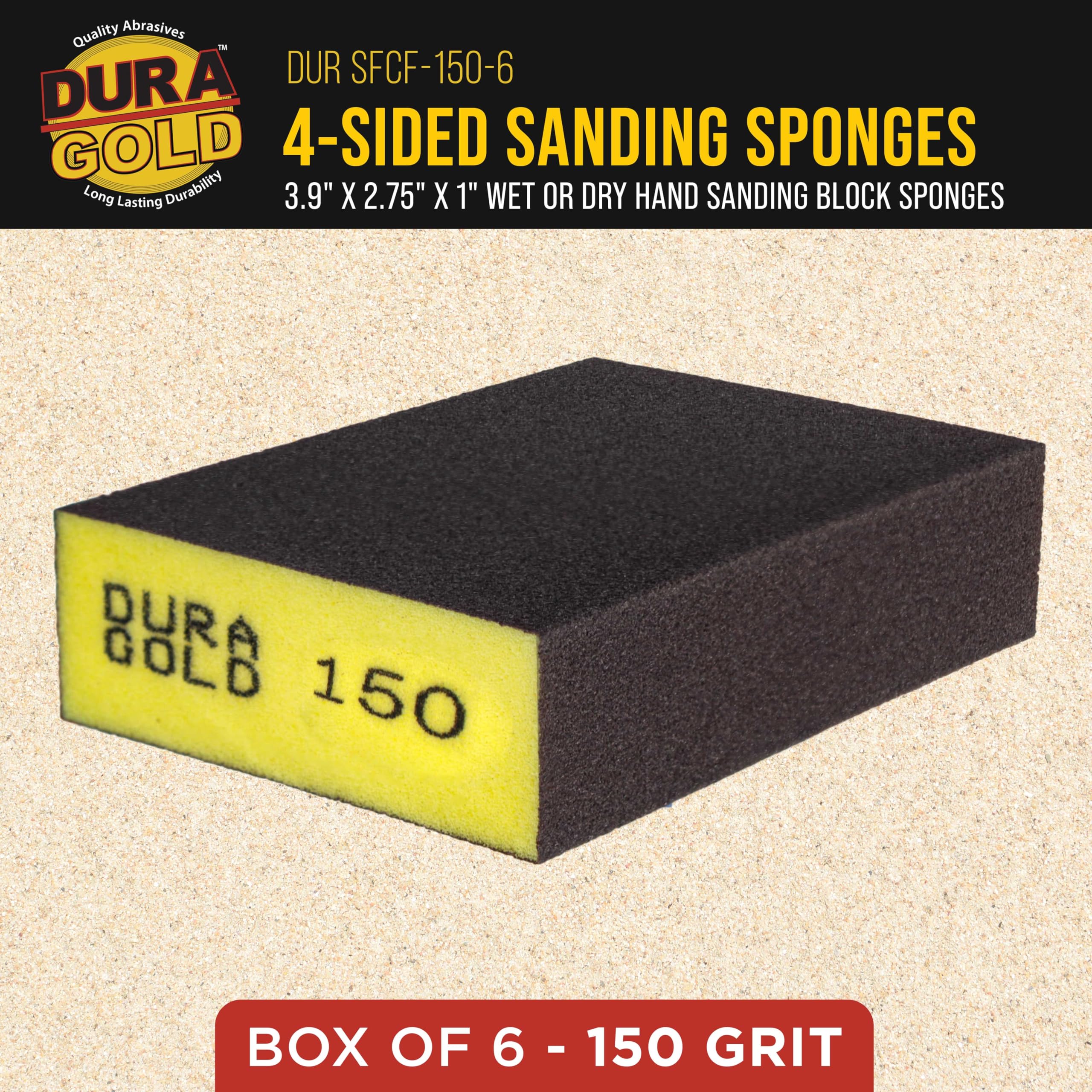 Dura-Gold Performance Flex - Esponjas de bloque de lijado a mano de 4 lados de grano 150, 6 unidades, 3.9 x 2.75 x 1 pulgada, almohadillas de papel de lija abrasivo flexibles en húmedo o seco,