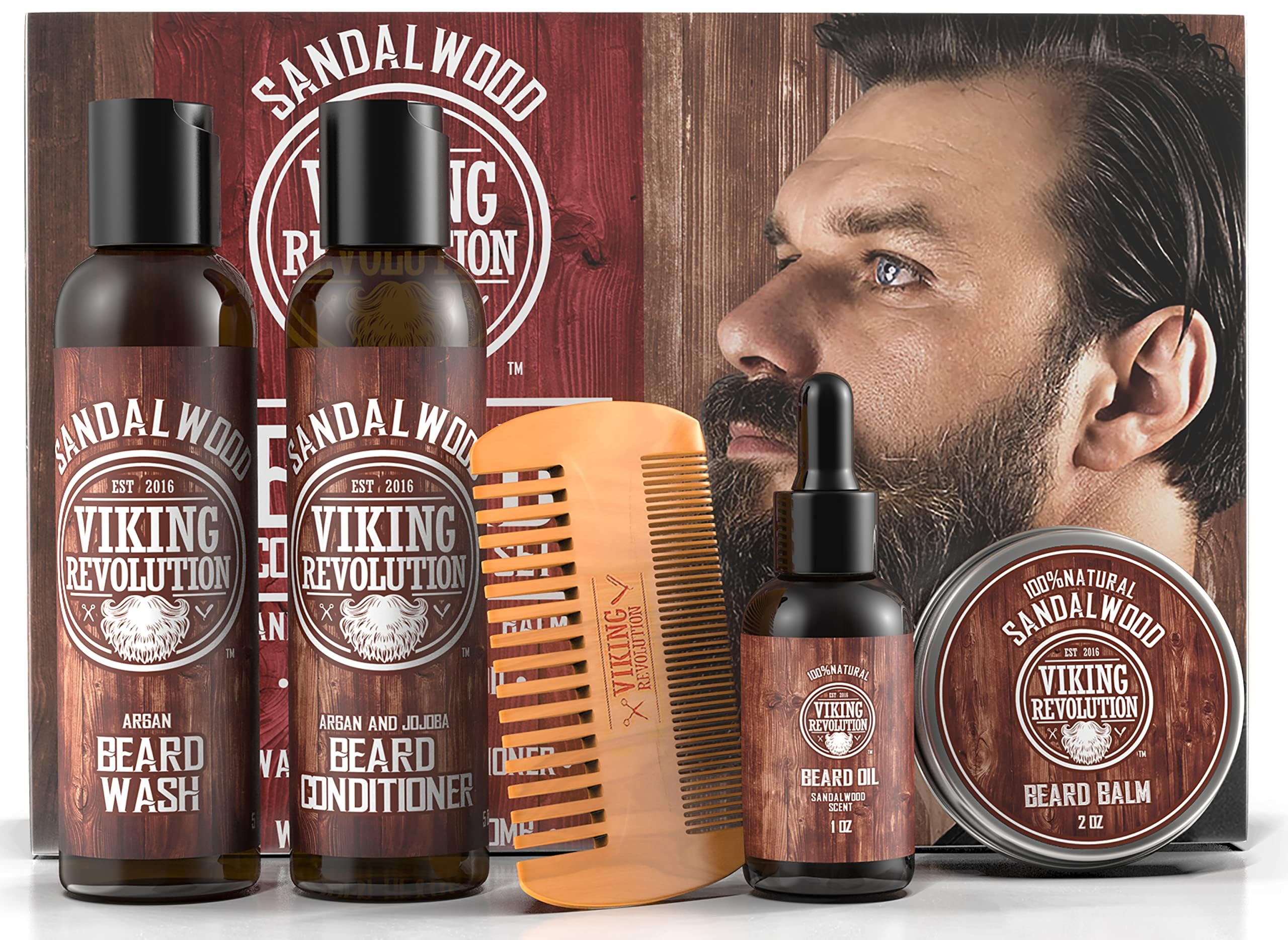 Viking Revolution - Kit Barbe Homme - Adoucit, Hydrate & Soulage les Démangeaisons - Contient Après Shampoing & Shampoing Barbe, Peigne Barbe, Baume & Huile Barbe Homme - Bois de Santal