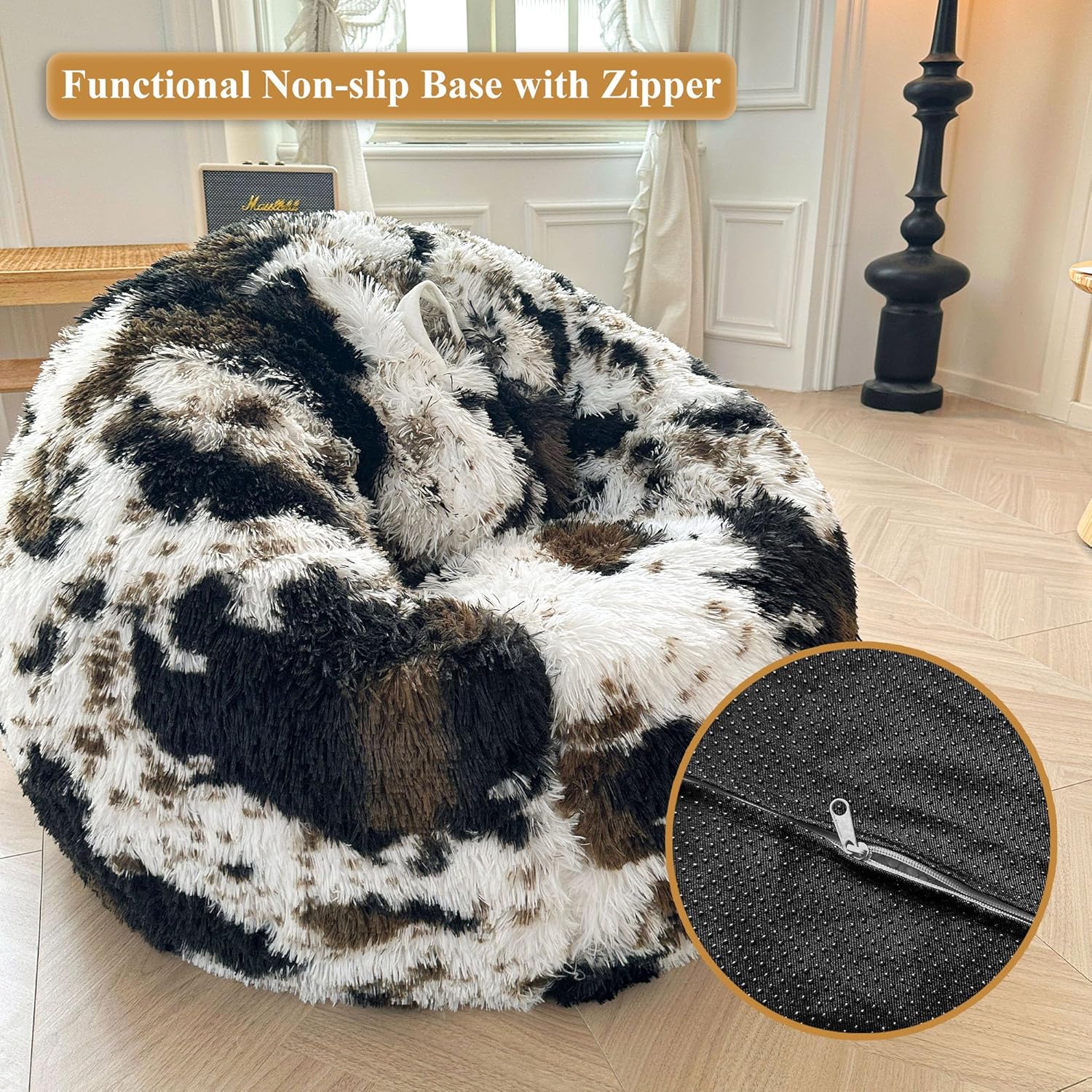 XeGe Cow Print Fluffy Bean Bag Chair Cover (No Filler), Faux Fur Brown Soft Replacement Stuffed Animal Storage Bean Bag Cover for Toys, Plush Shaggy Large Beanbag for Adults Kids, Anti-slip, Brown