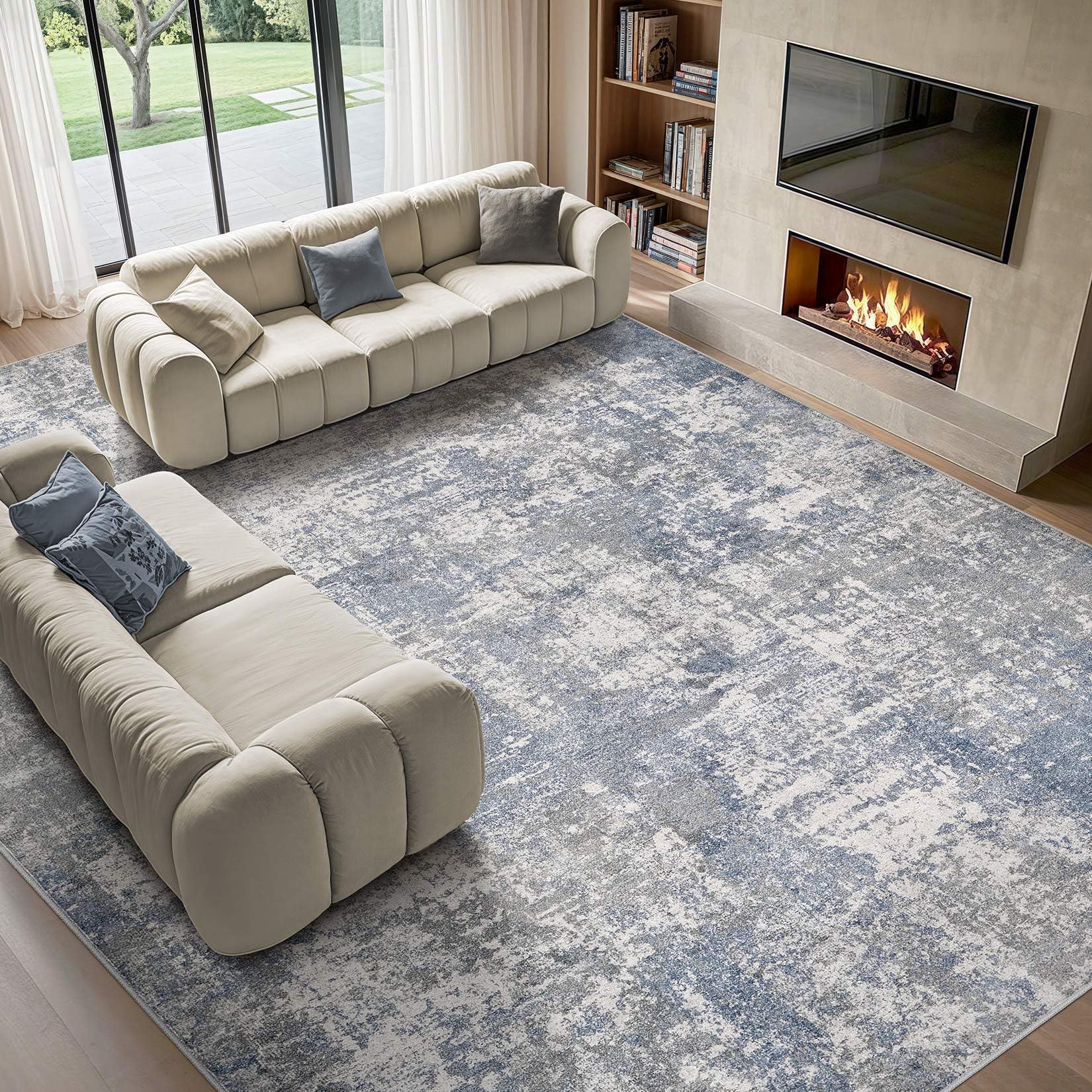 Tortania Washable 9x12 Area Rug for Living Room: Modern Abstract Neutral Large Soft Thin Rugs - Non Slip Indoor Carpet for Bedroom Dining Room Office