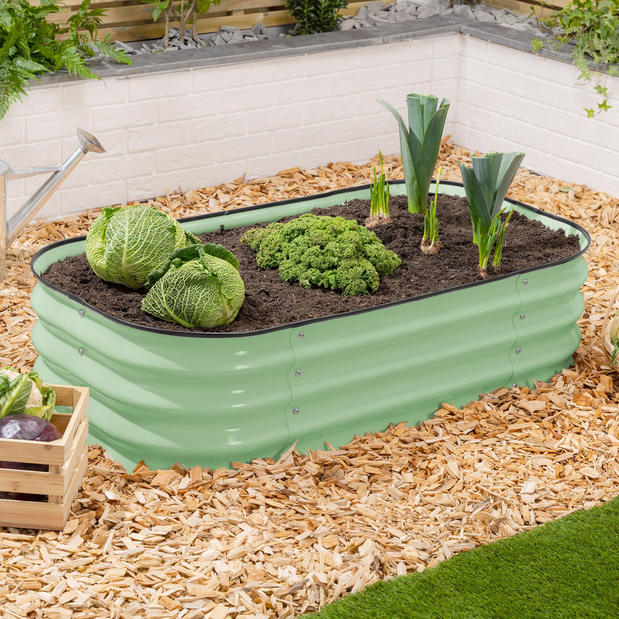CHRISTOW Rectangle Raised Garden Bed – 120cm x 60cm x 30cm, Sage Green Galvanised Steel Planter, Open Base for Drainage, Outdoor Grow Bed for Plants, Flowers & Vegetables, Protective Rubber Rim