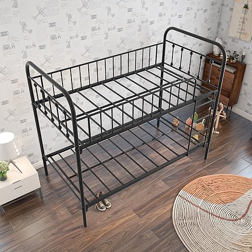 Miniatura 5 de BOFENG Literas de metal de tamaño individual sobre individual con escaleras laterales, marco de cama resistente con barandilla para dormitorio