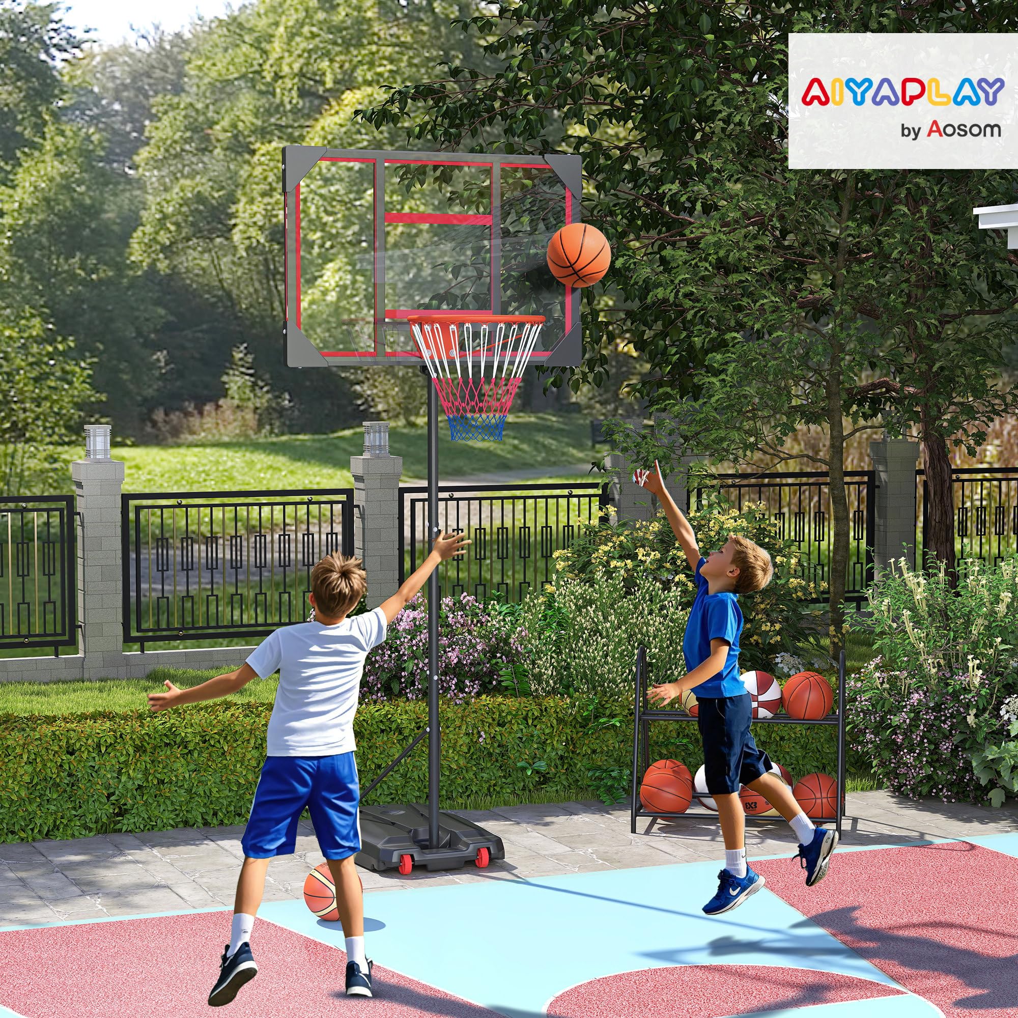 AIYAPLAY canasta de baloncesto al aire libre para niños, 210-260 cm soporte de baloncesto ajustable en altura con ruedas, sistema de baloncesto con soporte para niños a partir de 6 años, rojo