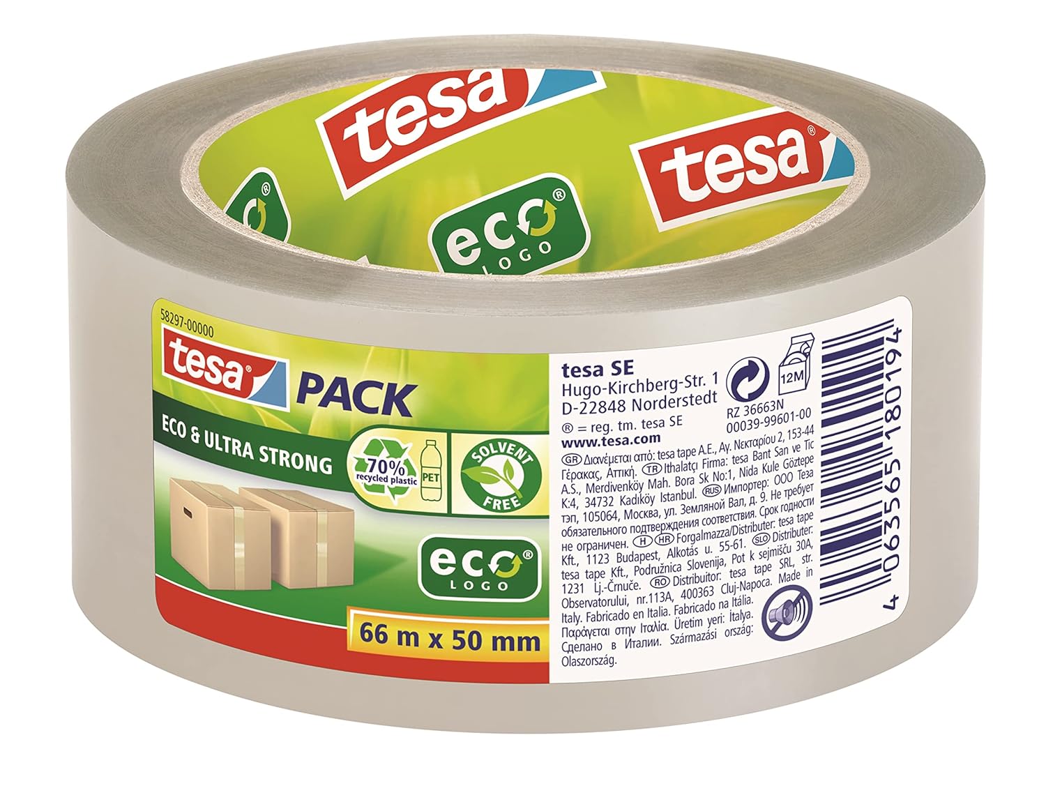Tesa Pack Eco and Ultra Strong ecoLogo - Transparent Plastic Packing Tape with Extra Strong Adhesive Force - Environmentally Friendly Tape - Solvent-Free Manufactured - 66 m x 50