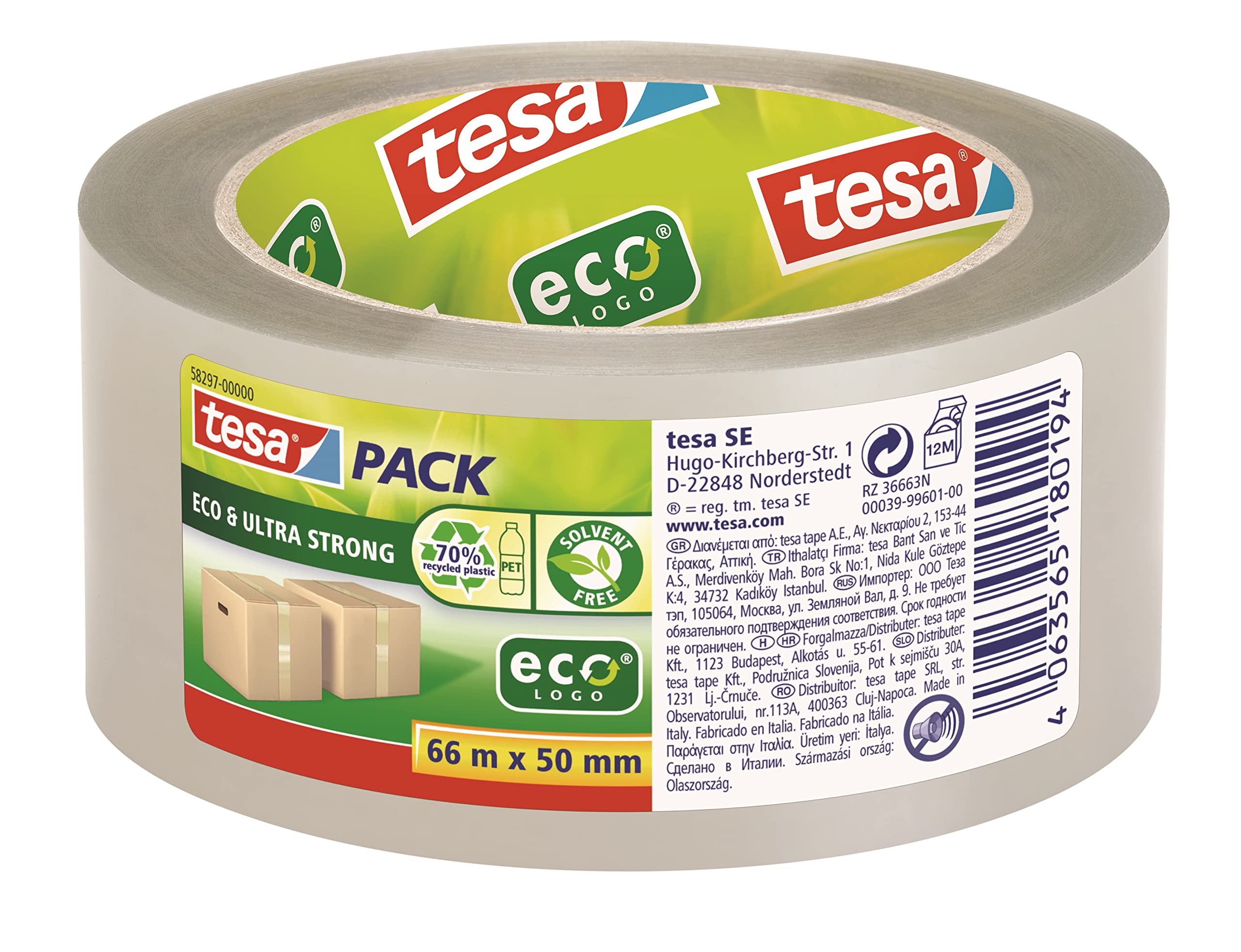 tesa Tesapack Eco y ULTRA STRONG ecoLogo - Cinta adhesiva de plástico transparente con fuerza adhesiva extrafuerte - Cinta adhesiva respetuosa con el medio ambiente, sin disolventes, 66 m x 50 mm (36